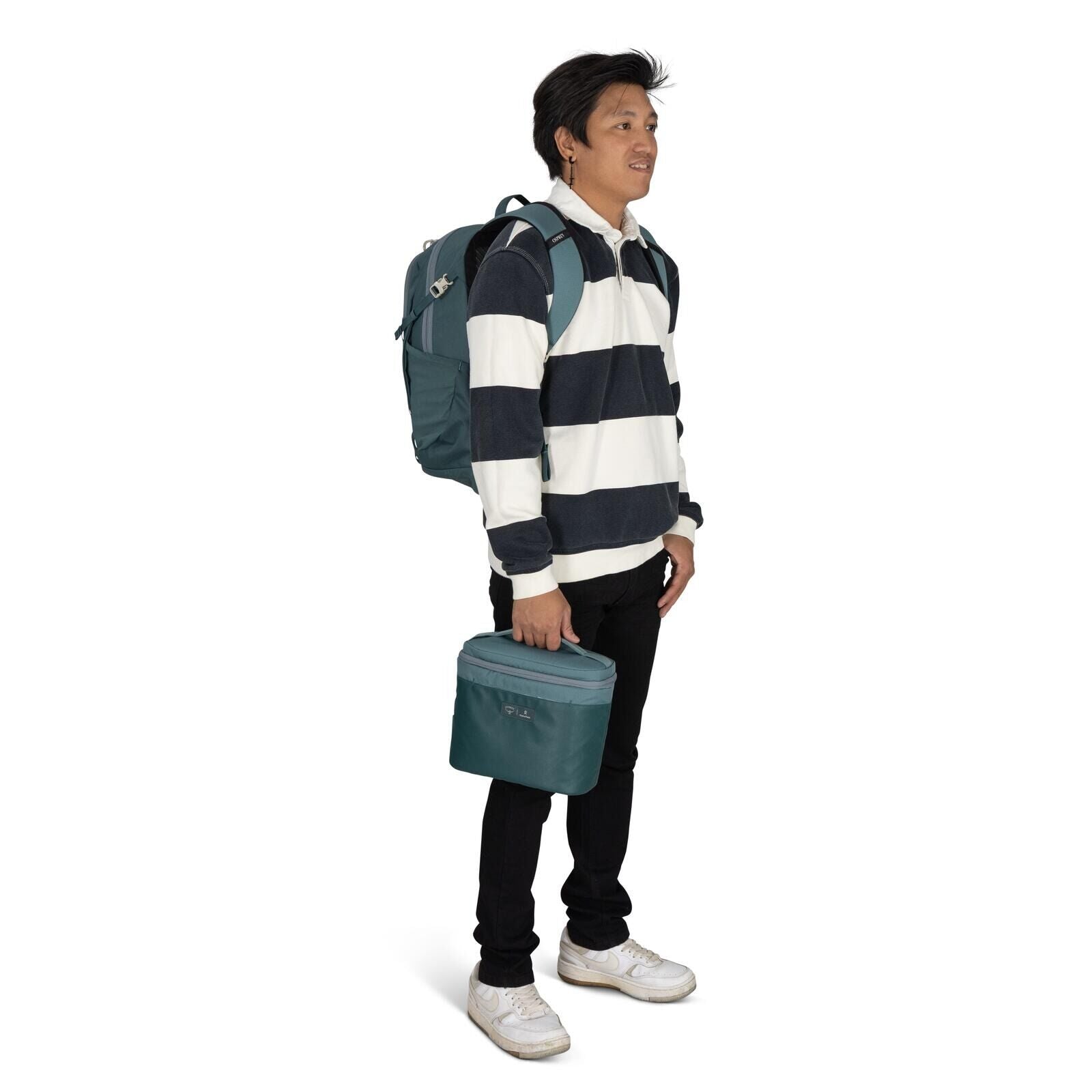 Image of model wearing the Osprey Hydro Flask Axis Lunch Bag in the color Cascade Blue-Torrent Blue