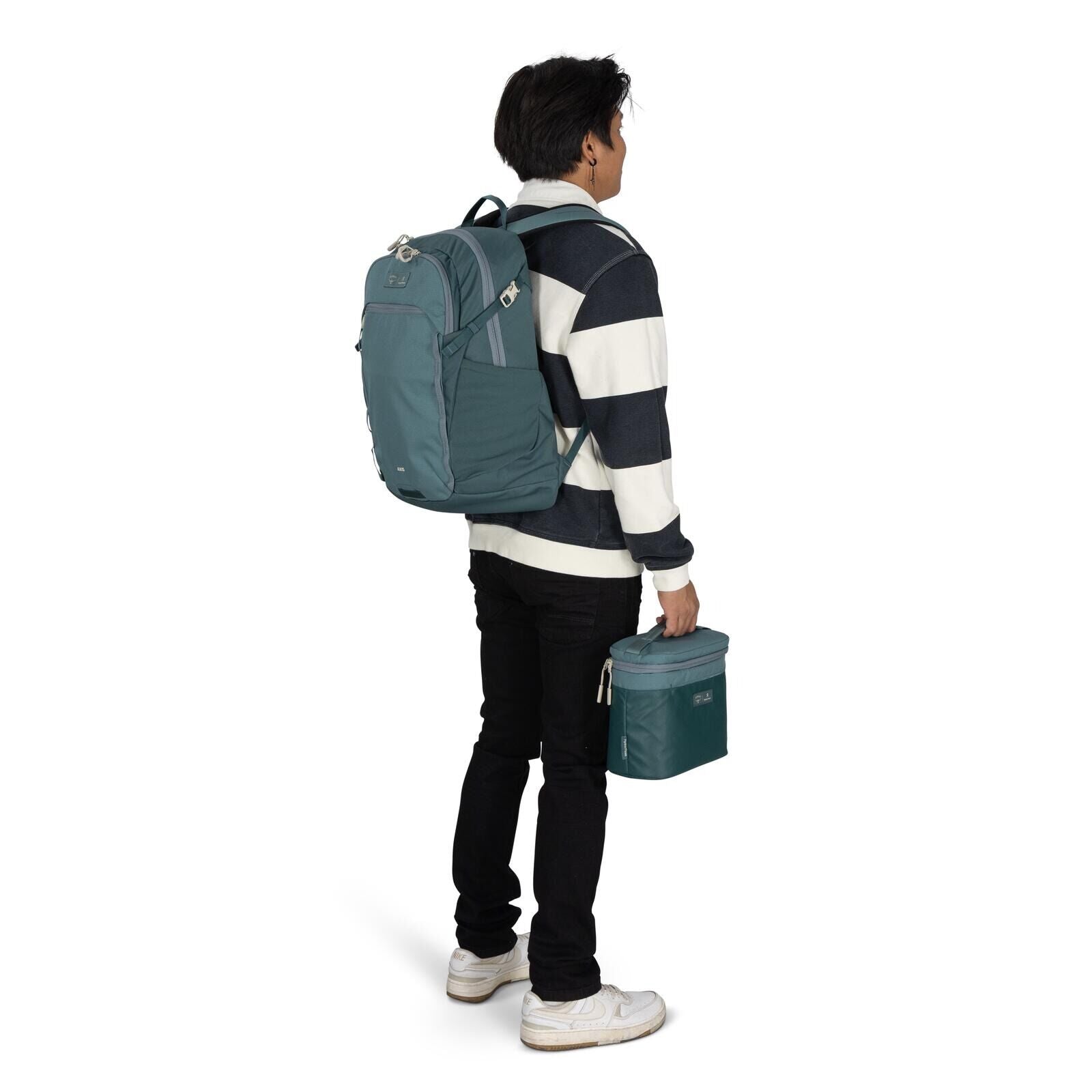 Image of model wearing the Osprey Hydro Flask Axis Lunch Bag in the color Cascade Blue-Torrent Blue
