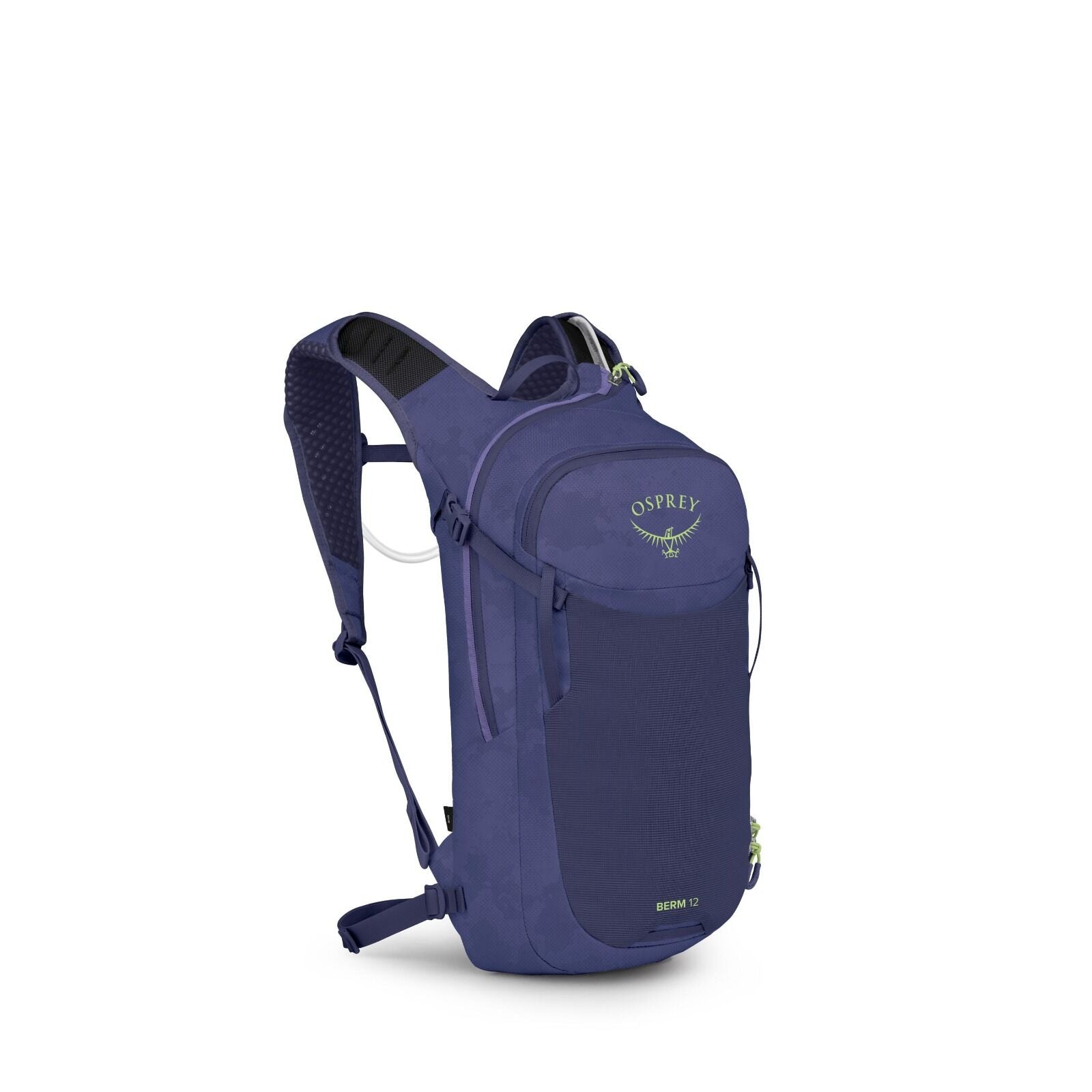The image displays a backpack designed for outdoor activities, such as hiking or cycling. It is an Osprey Berm 12 model, which is characterized by its ergonomic shape and practical features. The backpack is predominantly blue with green accents, including