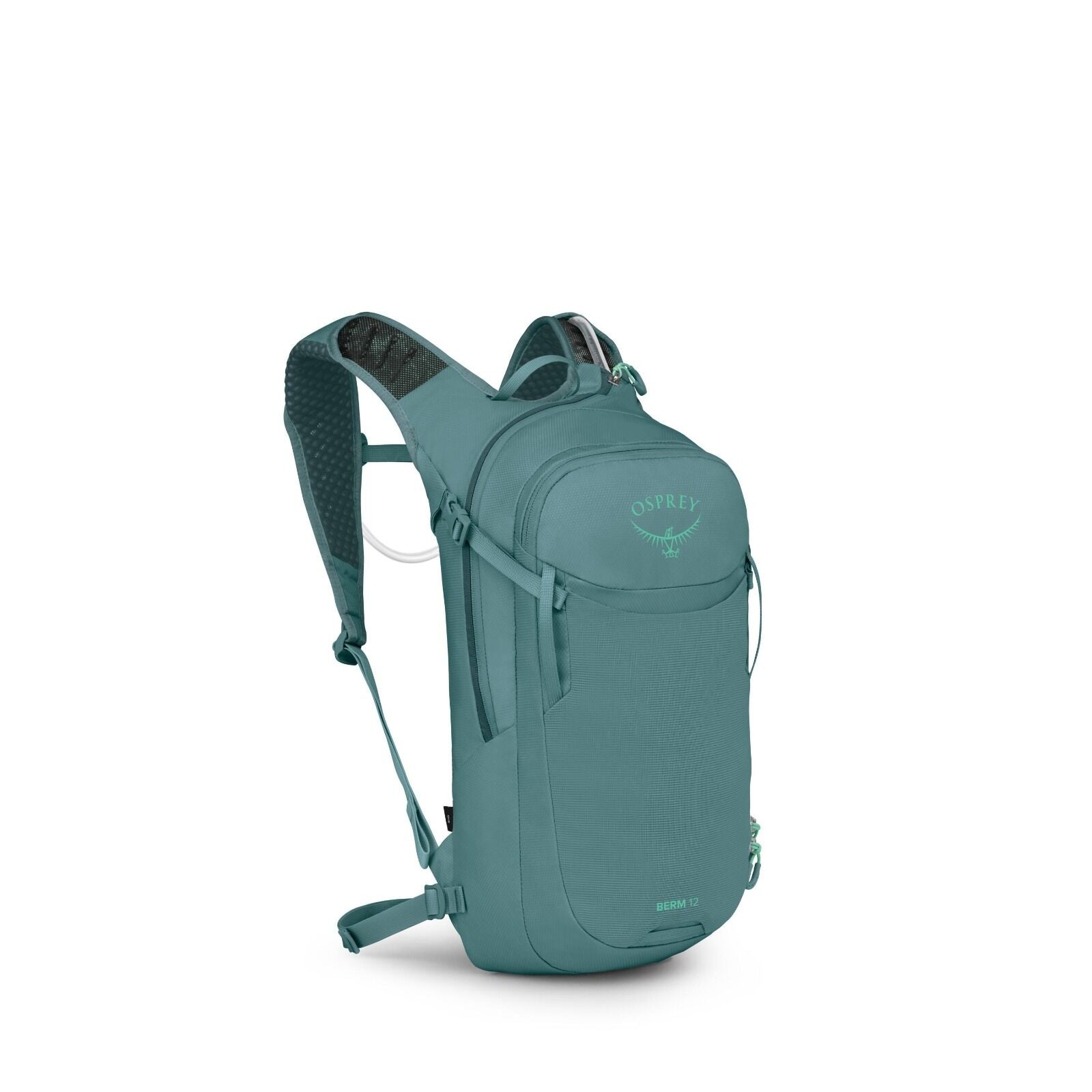 The image shows an Osprey backpack, specifically labeled as "BERM 12." The backpack is teal in color and features a streamlined design with multiple compartments. It includes padded shoulder straps, likely with breathable mesh for comfort, and a chest str