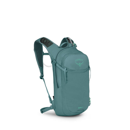 The image shows an Osprey backpack, specifically labeled as "BERM 12." The backpack is teal in color and features a streamlined design with multiple compartments. It includes padded shoulder straps, likely with breathable mesh for comfort, and a chest str