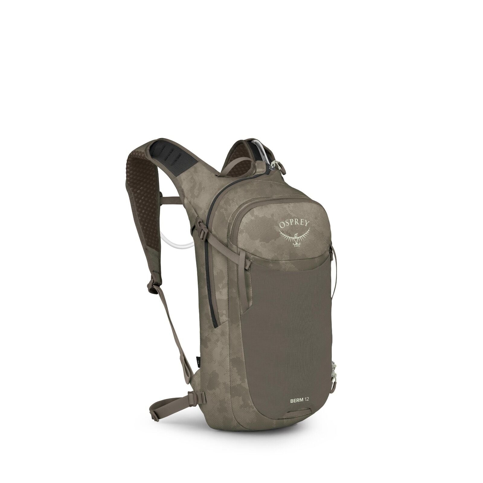 The image depicts an Osprey backpack in a camouflage pattern, primarily colored in brown and green shades. The backpack has a sleek design with a main compartment, a front pocket, and adjustable shoulder straps for comfortable carrying. The Osprey logo is