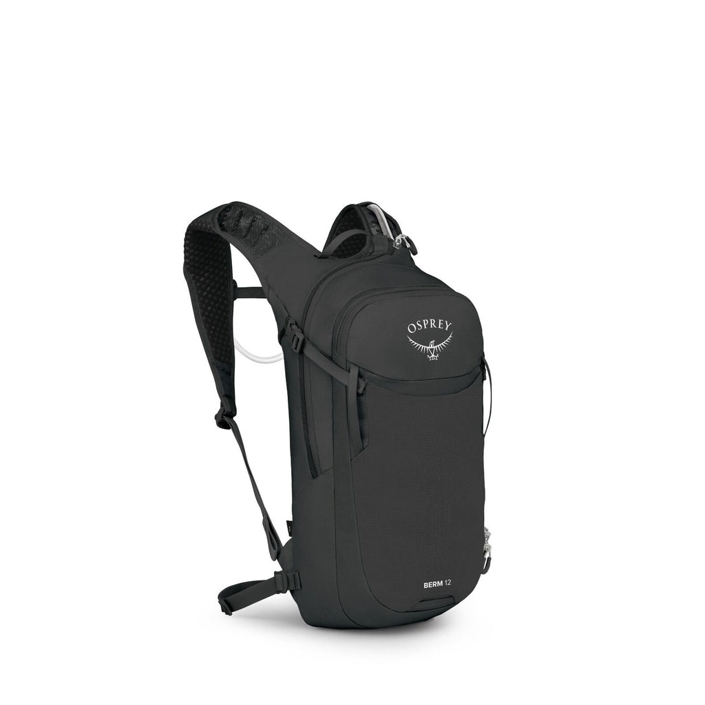 The image displays a black Osprey backpack, specifically labeled as the "BERM 12." The design is sleek and compact, likely suited for activities such as hiking or biking. The backpack features a front zippered compartment and adjustable padded shoulder st