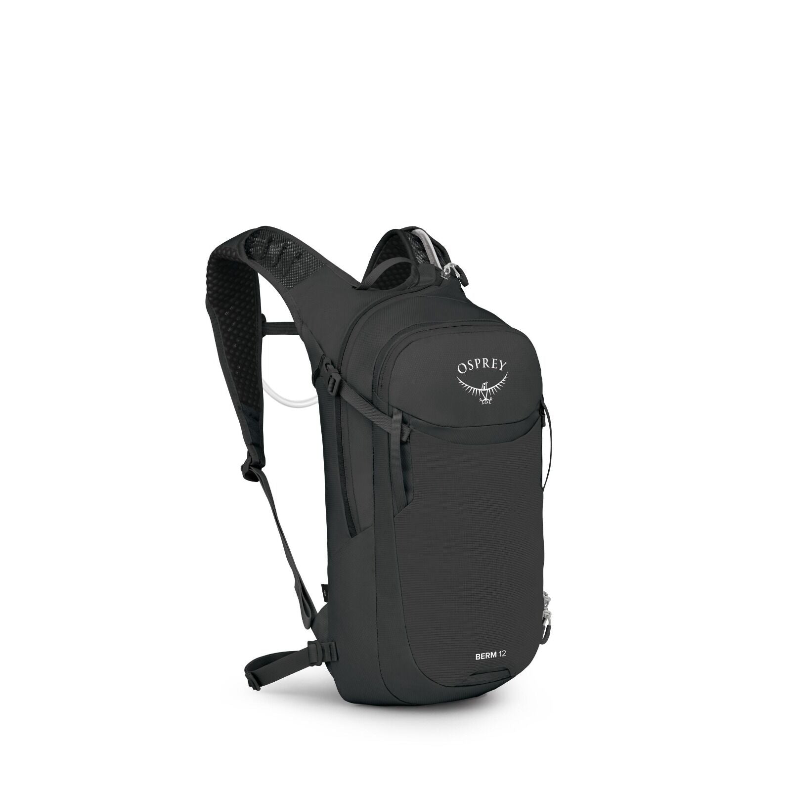 The image displays a black Osprey backpack, specifically labeled as the "BERM 12." The design is sleek and compact, likely suited for activities such as hiking or biking. The backpack features a front zippered compartment and adjustable padded shoulder st