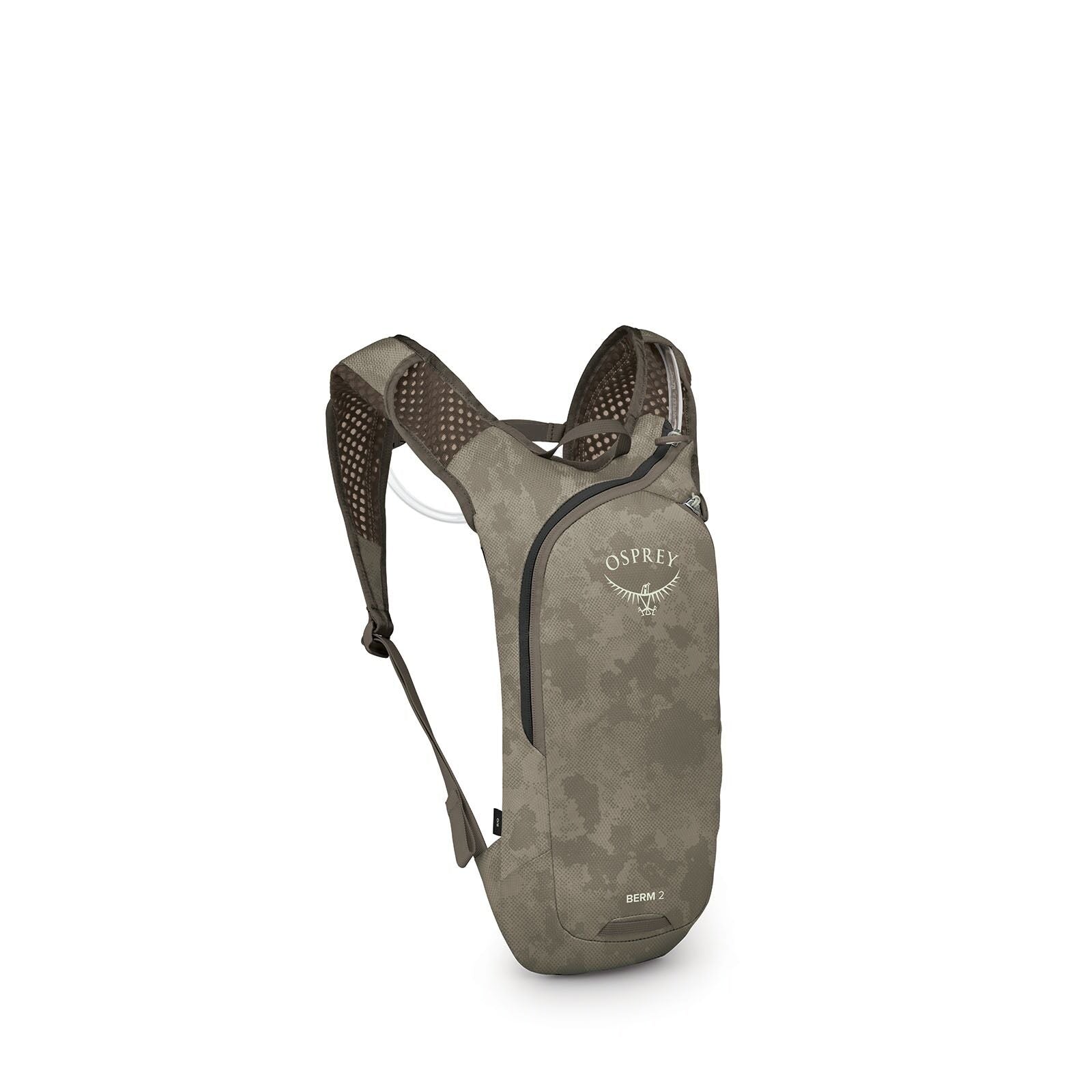 The image shows a sleek and minimalist hydration backpack, primarily designed for outdoor activities. It features a streamlined design with breathable mesh on the back and shoulder straps for comfort during extended wear. The backpack is equipped with a h