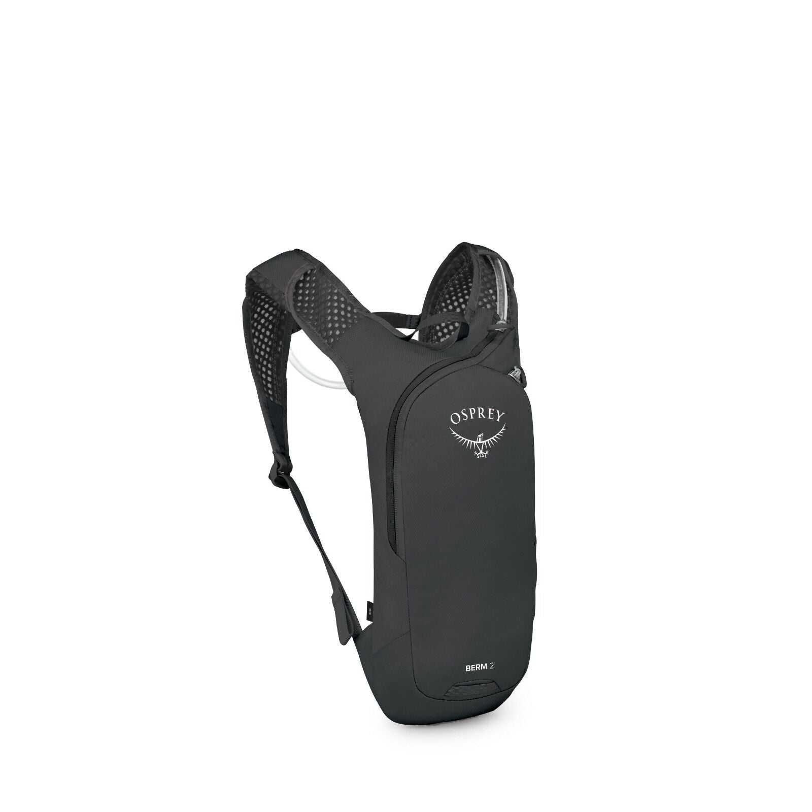 The image features a small, sleek backpack in a black color. It is designed for outdoor activities, likely for cycling or hiking, as suggested by its compact size and form-fitting design. The backpack has adjustable straps and mesh padding for comfort and