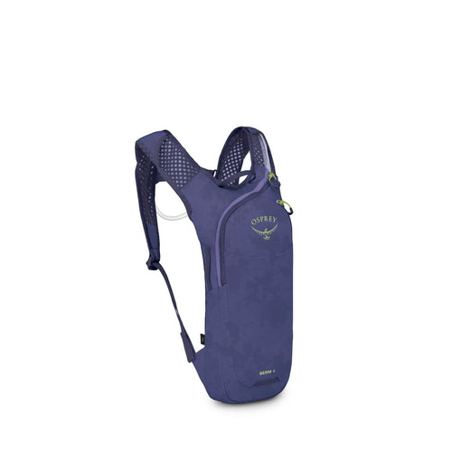 The image features an Osprey Berm 4 hydration pack, shown in a side profile view. The pack is predominantly dark blue with a camouflage-like texture and has a neon green Osprey logo on the front. It is designed to be compact and lightweight, with adjustab