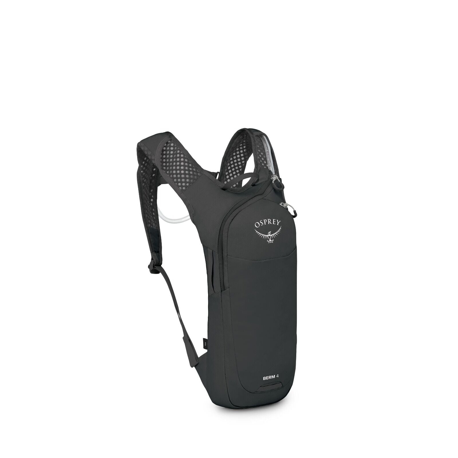 The image showcases a sleek, minimalist black backpack designed by Osprey, specifically the Berm 4 model. The backpack is designed for hydration with a streamlined, compact shape, ideal for activities like hiking or cycling. It features lightweight, breat