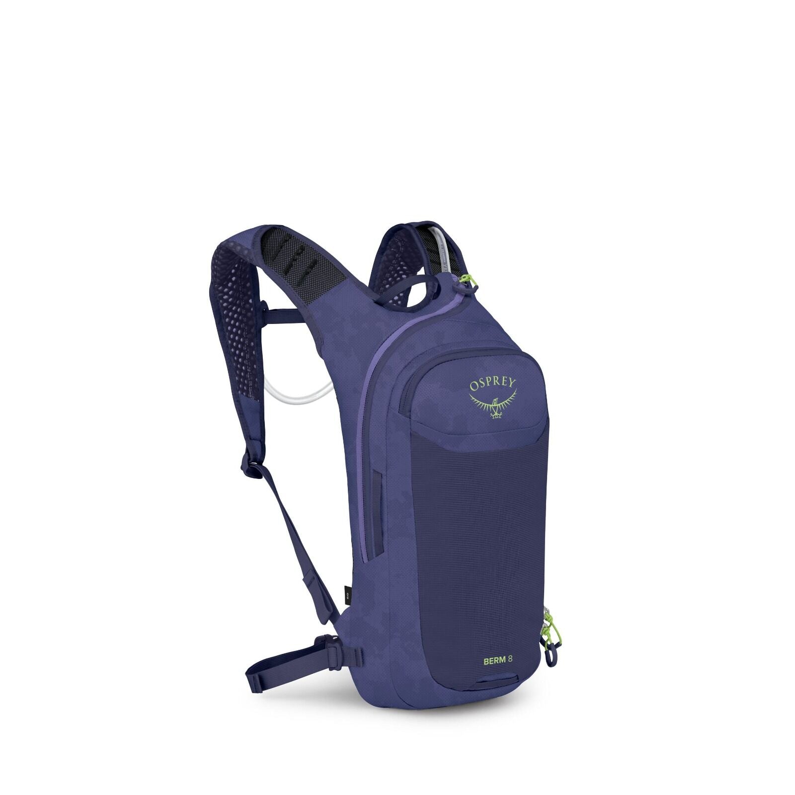 The image depicts a compact Osprey backpack, designed for outdoor activities such as hiking or cycling. It has a sleek, streamlined design in a dark blue color with subtle lighter patterns and bright green accents. The front of the backpack features the O