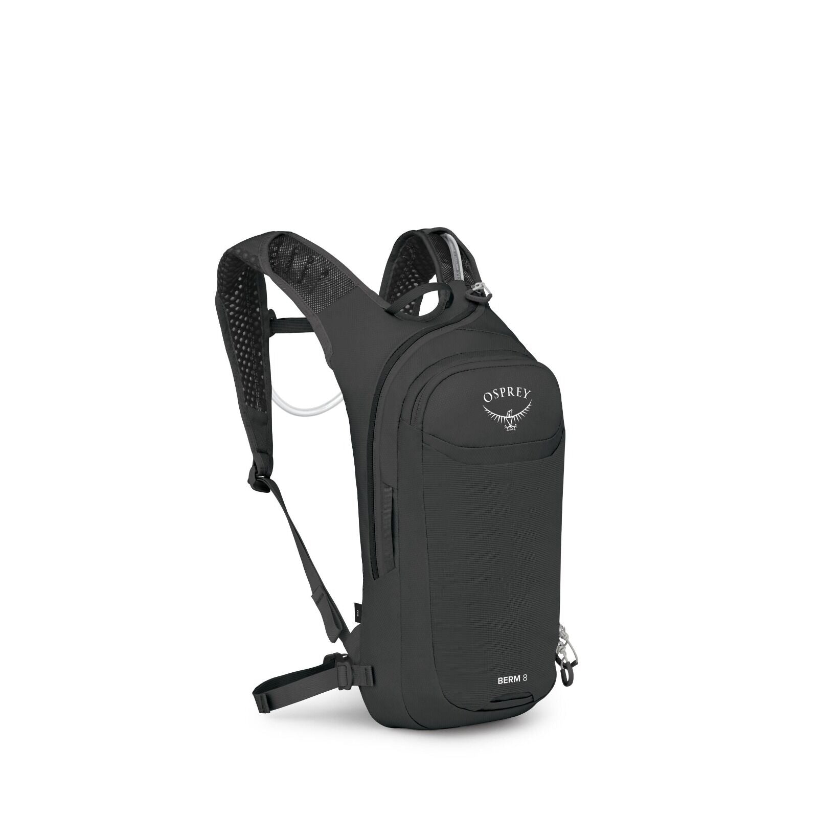 The image depicts a black backpack from Osprey, specifically the BERM 8 model. The backpack is designed with a sleek and compact form, suitable for activities like hiking or biking. It features mesh shoulder straps for breathability, and there is a small