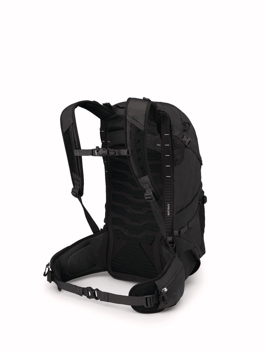 A sleek black backpack is shown from the back, featuring padded shoulder straps, a ventilated back panel, and adjustable waist belts for comfort.