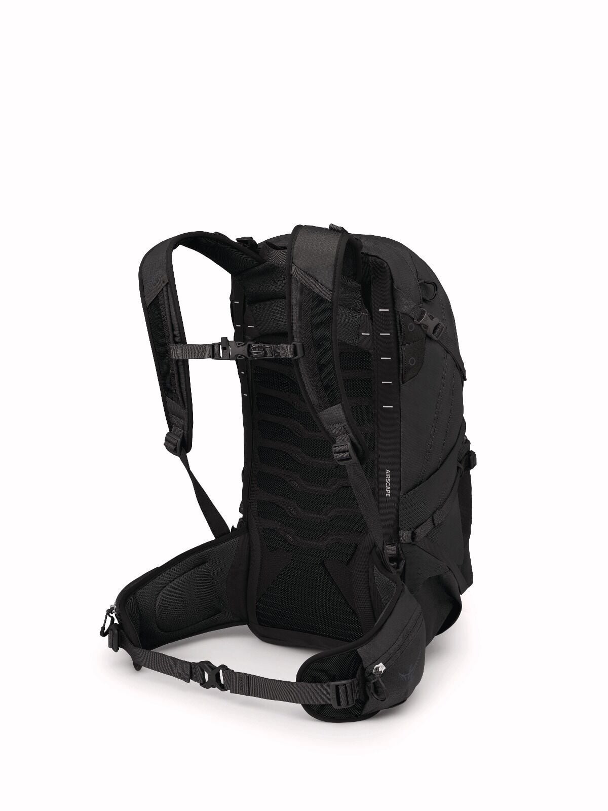 A sleek black backpack is shown from the back, featuring padded shoulder straps, a ventilated back panel, and adjustable waist belts for comfort.