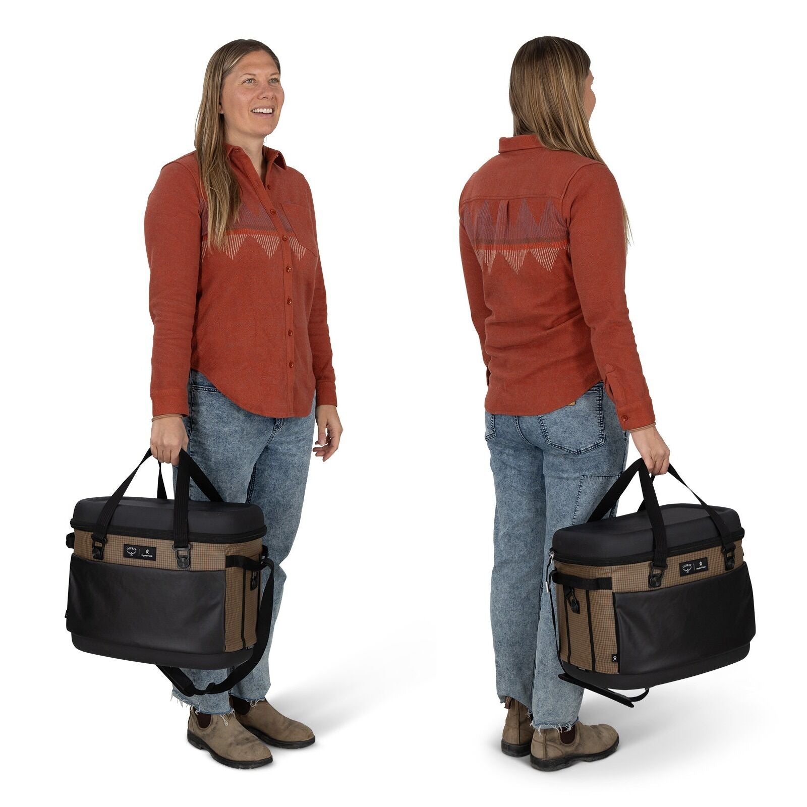 on-body image of the Hydro Flask Campcore Carryout Cooler 30L in the color Latte Brown