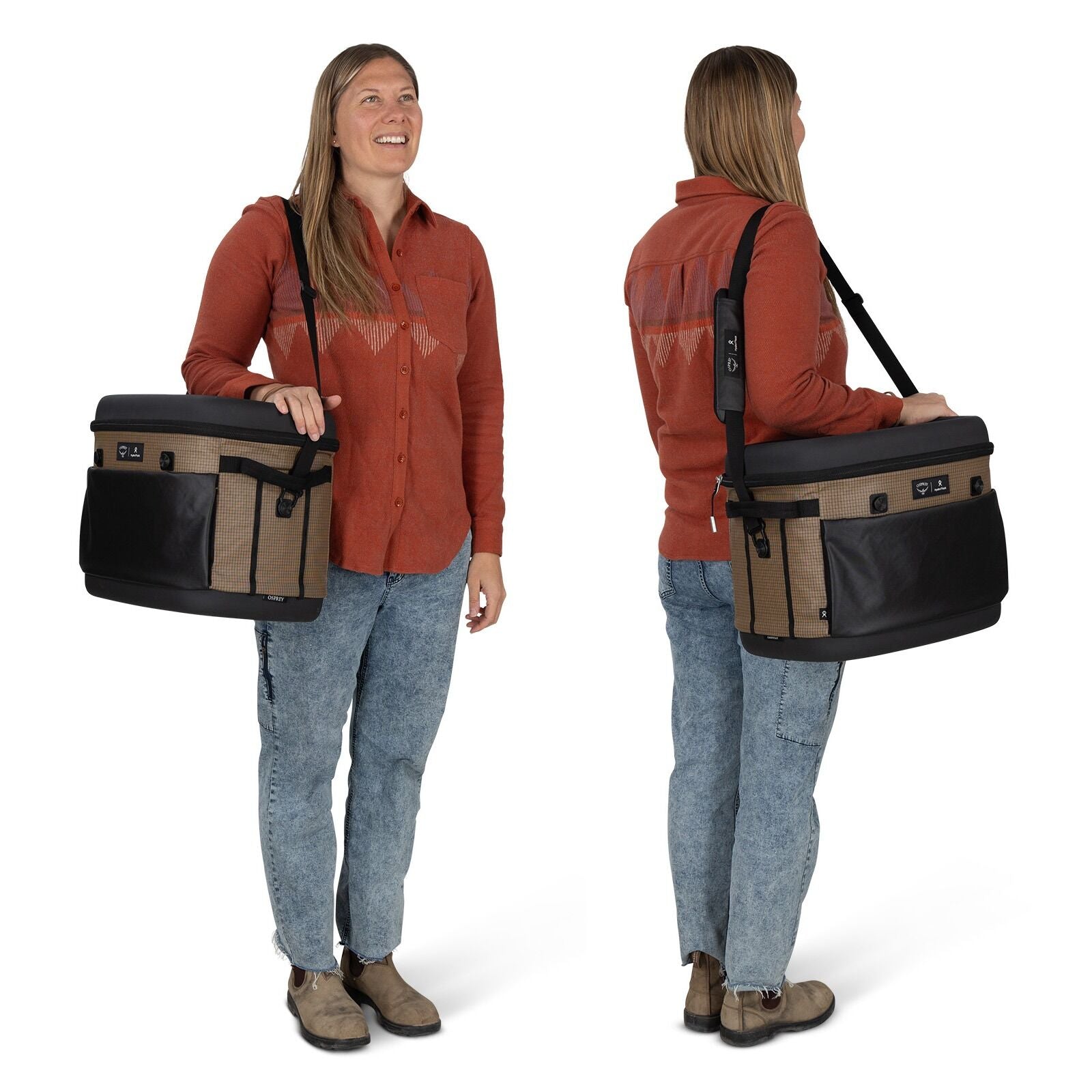on-body image of the Hydro Flask Campcore Carryout Cooler 30L in the color Latte Brown