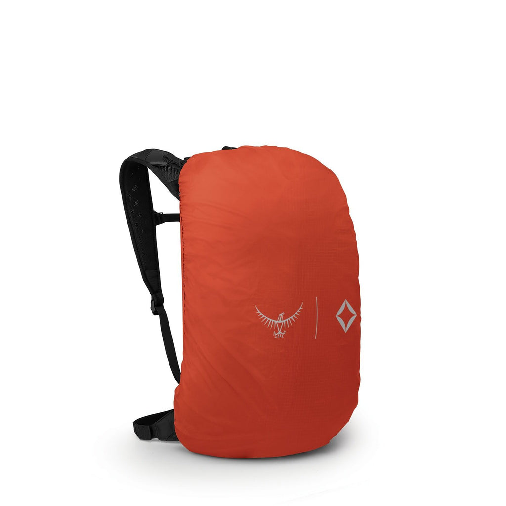 Side image of the Campcore Hikelite LT 22 Hiking Backpack in the color Latte Brown with orange raiconver over backpack