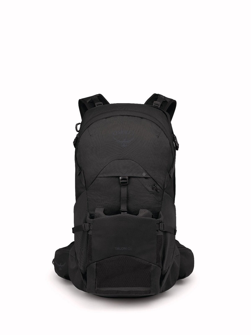 black hiking backpack with multiple compartments, mesh pockets, and adjustable straps. Features sleek design and subtle branding on the front pocket.