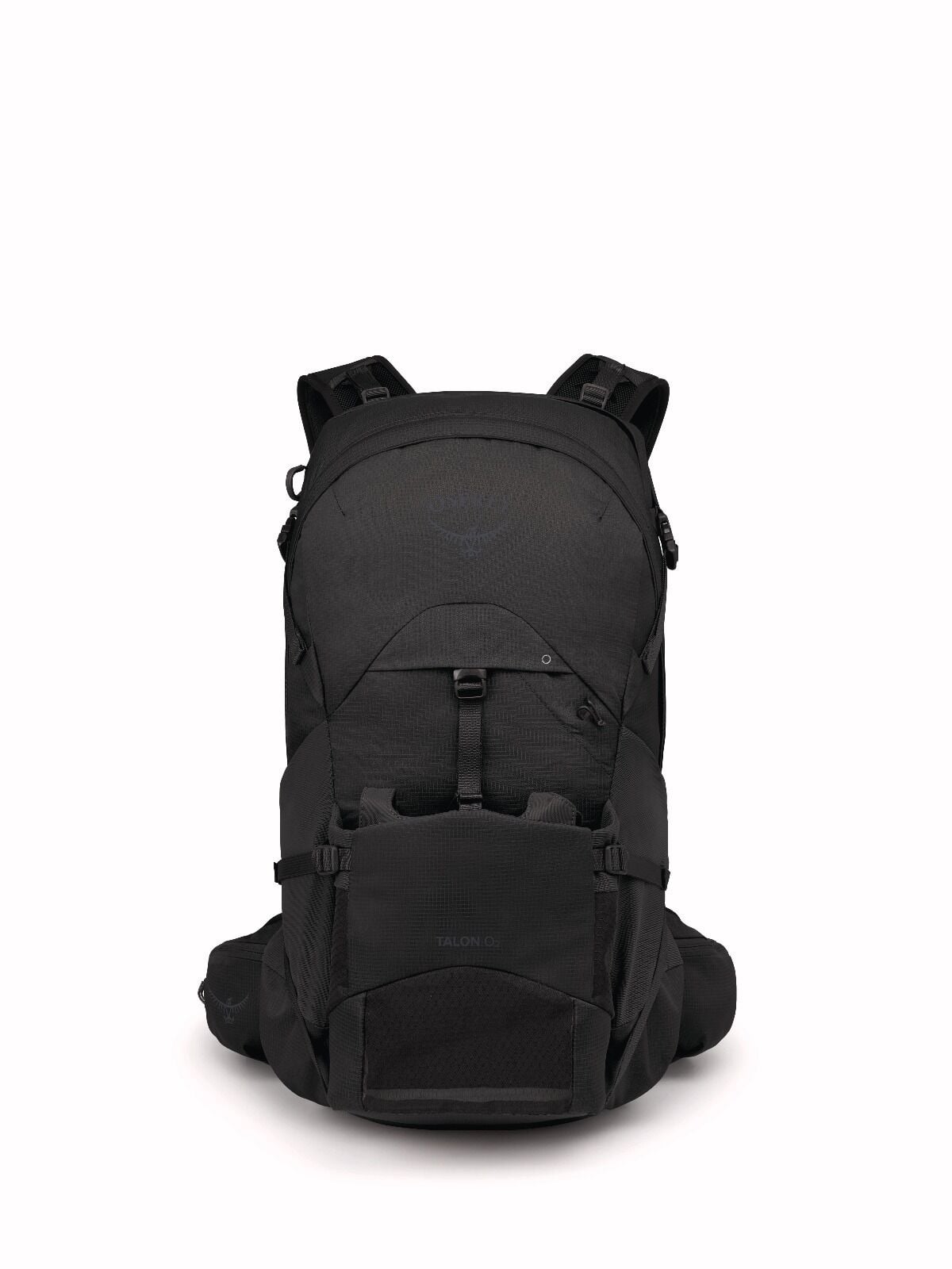 black hiking backpack with multiple compartments, mesh pockets, and adjustable straps. Features sleek design and subtle branding on the front pocket.