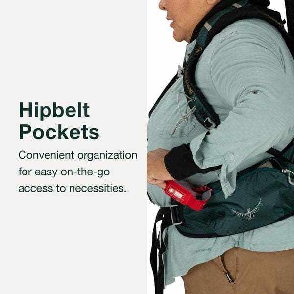 A person wearing a backpack with hipbelt pockets, showing easy access to essentials like a small tool or flashlight.