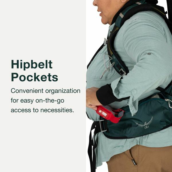 A person wearing a backpack with hipbelt pockets, showing easy access to essentials like a small tool or flashlight.