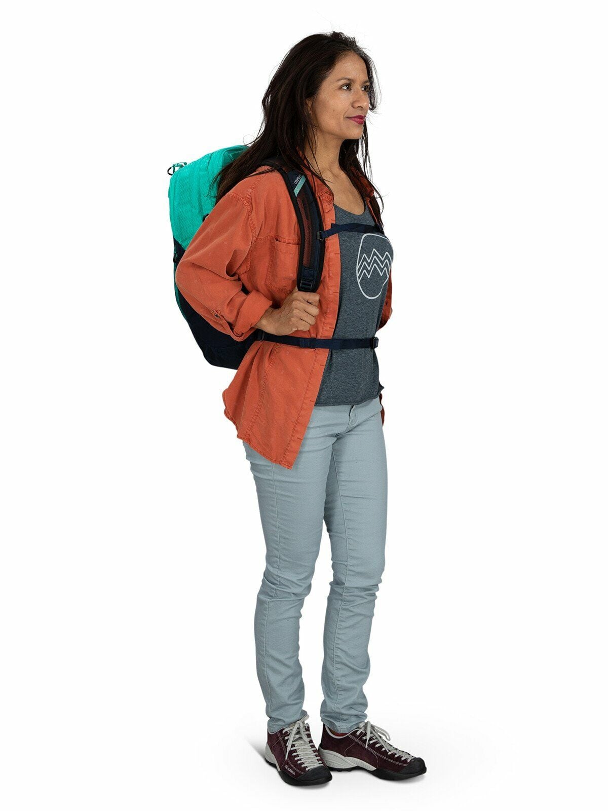 a person modeling the Comet 30 in color reveriegreencetaceanblue