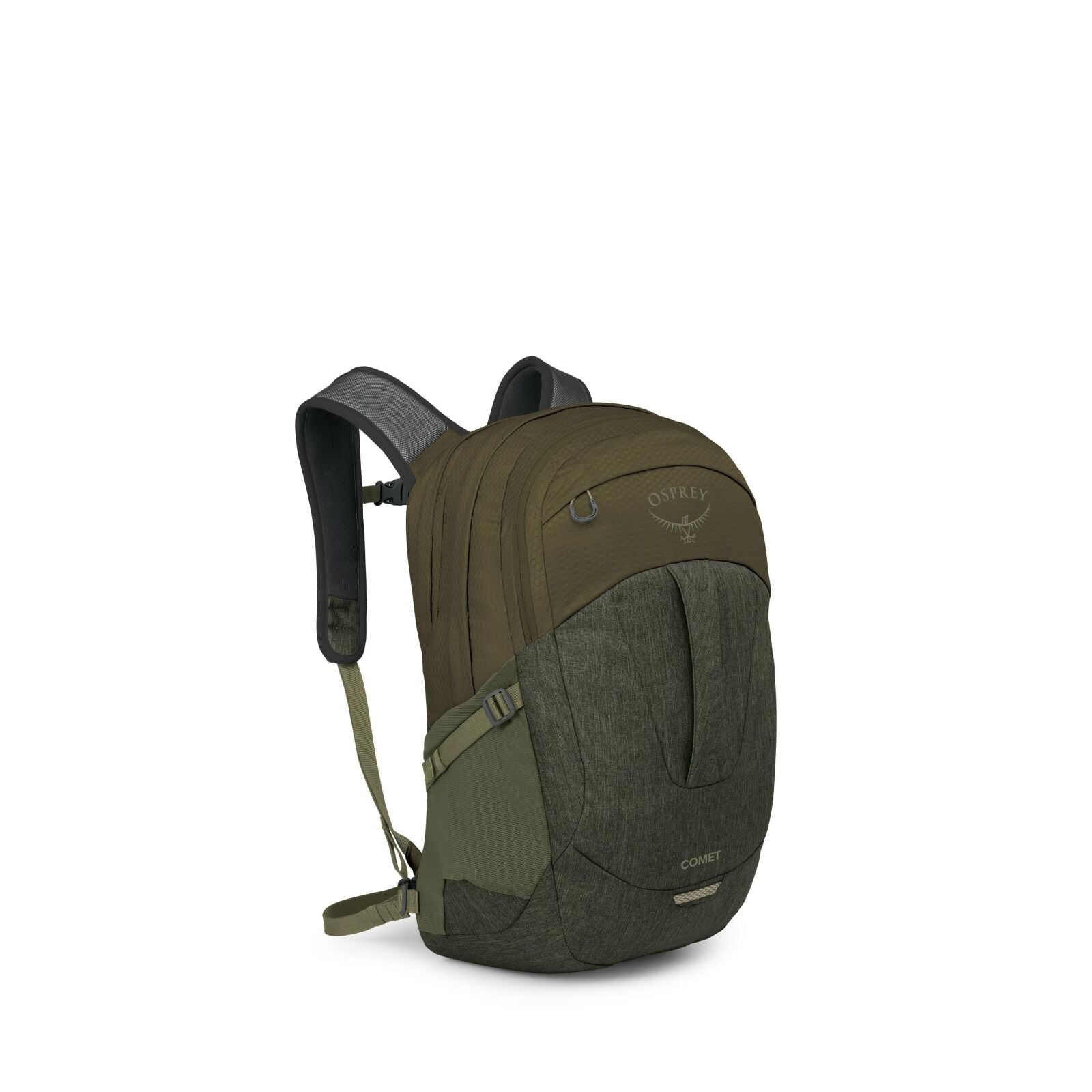 The image features a green Osprey Comet backpack, angled slightly to showcase both the front and one side. The backpack's design includes multiple compartments with zipper closures and an Osprey logo prominently displayed near the top. It also features ad