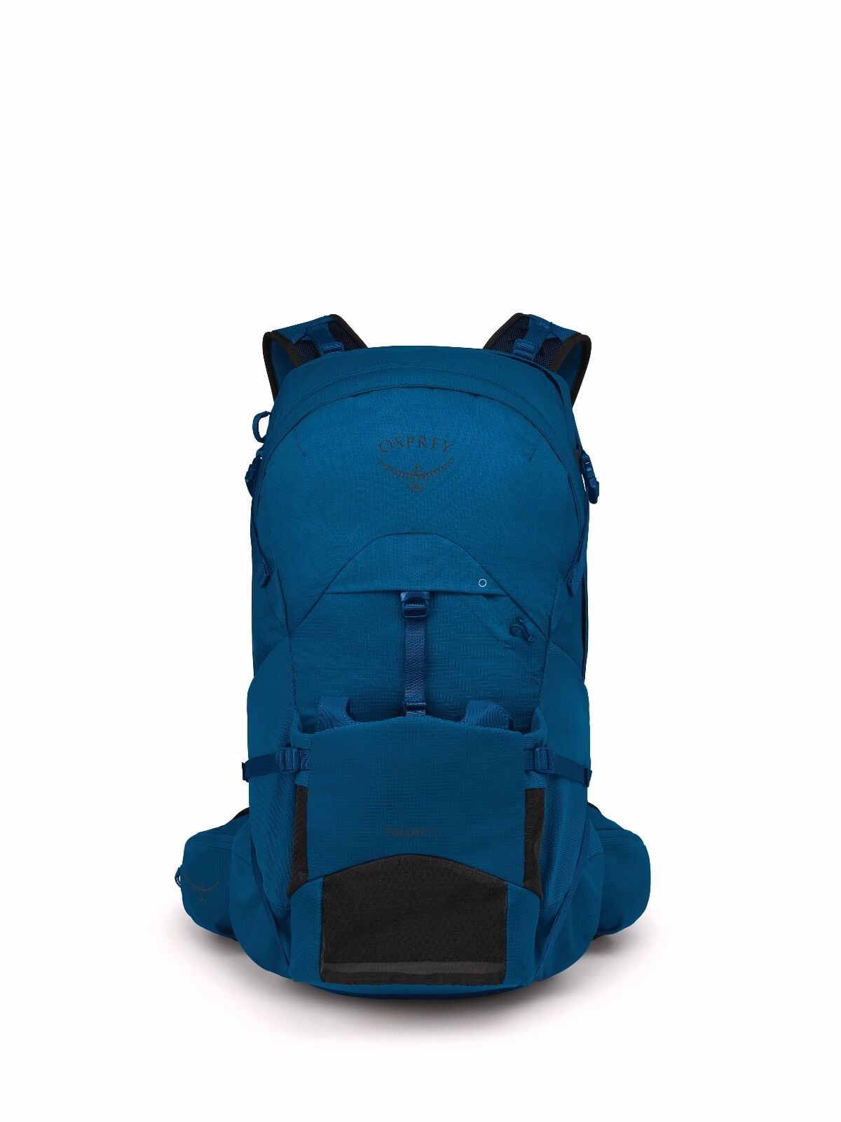 Blue hiking backpack with multiple compartments, mesh pockets, and adjustable straps. Features sleek design and subtle branding on the front pocket.