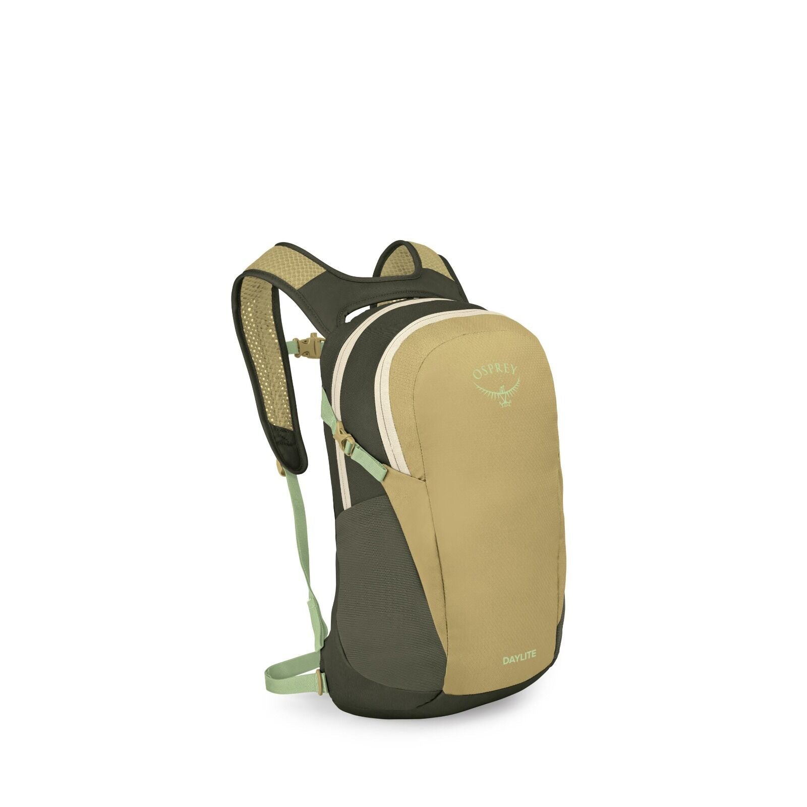 The images show a compact Osprey Daylite backpack in shades of olive, moss green, and beige with mint accents. It has a streamlined main compartment with a white zipper, a front shove-it pocket, side stretch pockets, and ventilated padded shoulder straps
