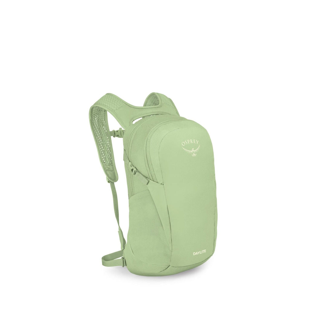 The image shows a light green Osprey Daylite backpack standing at a slight angle. It has a streamlined main compartment with a front panel, side stretch pocket, and a small zip pocket near the top. The shoulder straps and back panel are ventilated with me