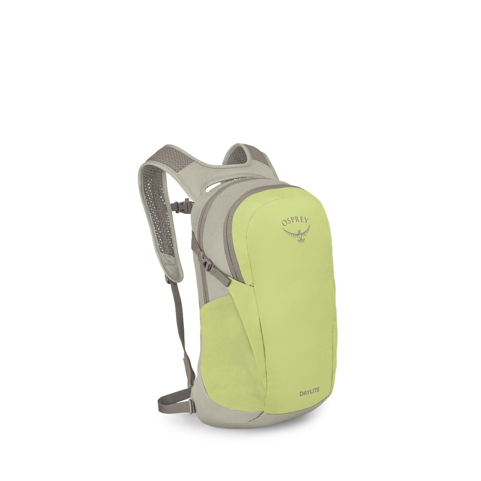 The image depicts a lime green Osprey Daylite backpack with gray accents. The backpack has a simple, streamlined design, featuring a main compartment with a zipper closure and a smaller front pocket. The Osprey logo is prominently displayed near the top o