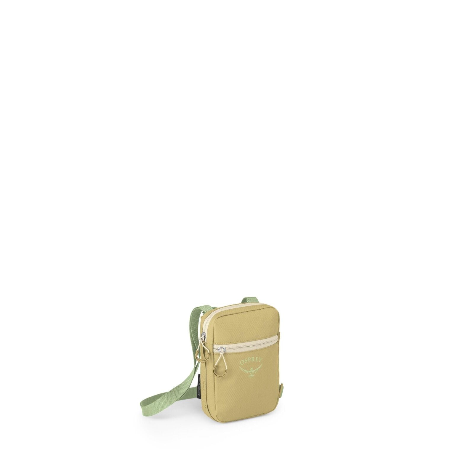 A small crossbody sling bag is shown against a white background. It's a compact, rectangular pouch in a muted lime/olive color with a light zipper pocket on the front and the Osprey logo printed beneath it. The main compartment has dual zipper pulls, and