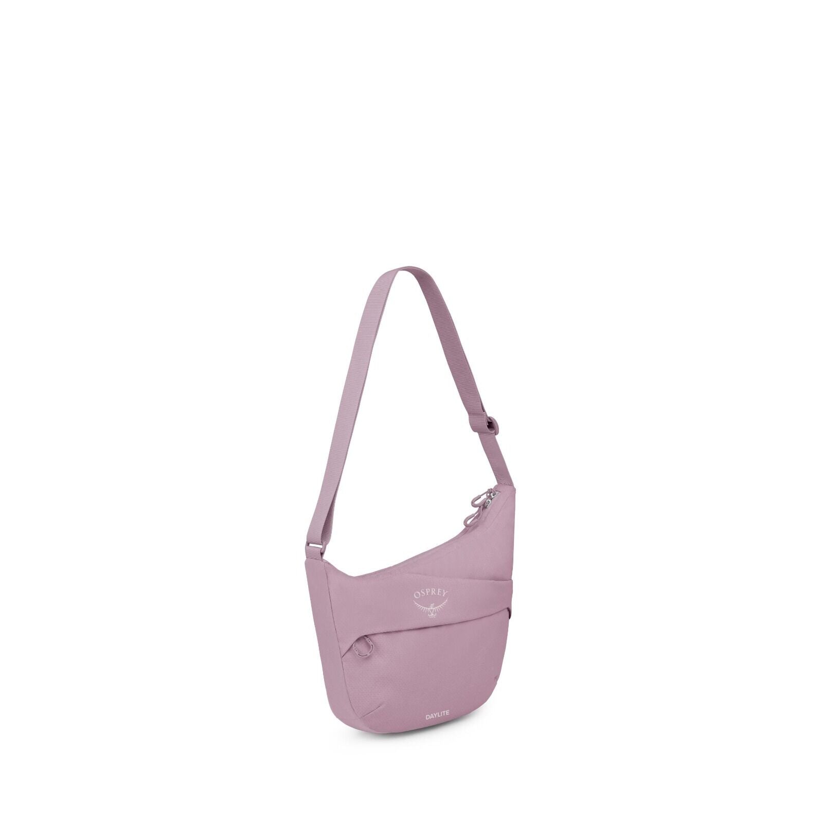 The images depict a lavender-colored crossbody bag made by Osprey, specifically the Daylite model. The bag features a sleek, modern design with an adjustable strap, allowing it to be worn comfortably across the body. The front of the bag showcases the Osp