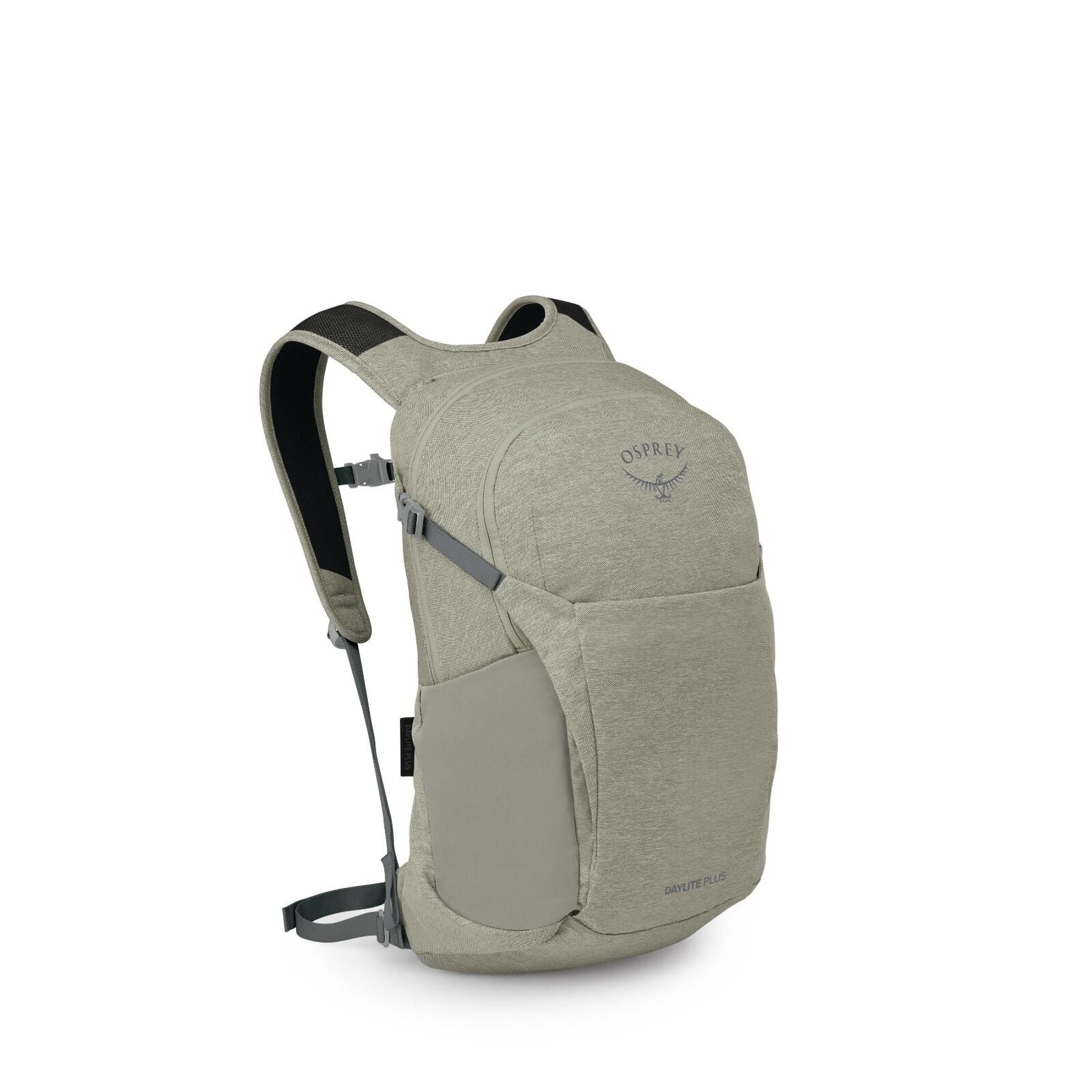 The images show a light sage-green Osprey Daylite Plus backpack photographed from a front-left angle. It has a streamlined shape with a large main compartment, a smaller front zip pocket, and stretch side pockets. Padded shoulder straps, a sternum strap,