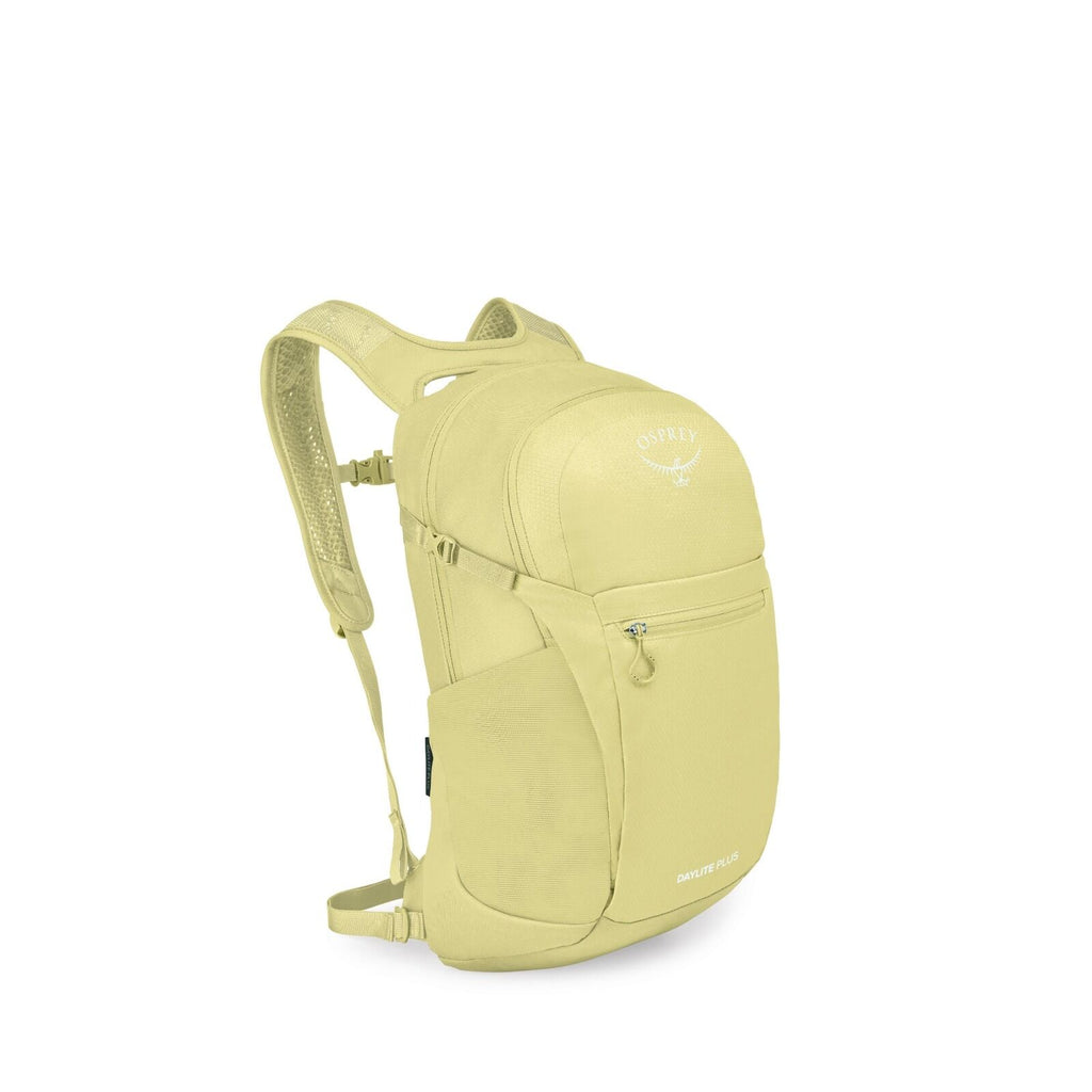 The images show a yellow Osprey Daylite Plus backpack. It is designed with multiple compartments, including a front zippered pocket and a larger main storage area. The backpack features adjustable shoulder straps and a top handle for easy carrying. The Os