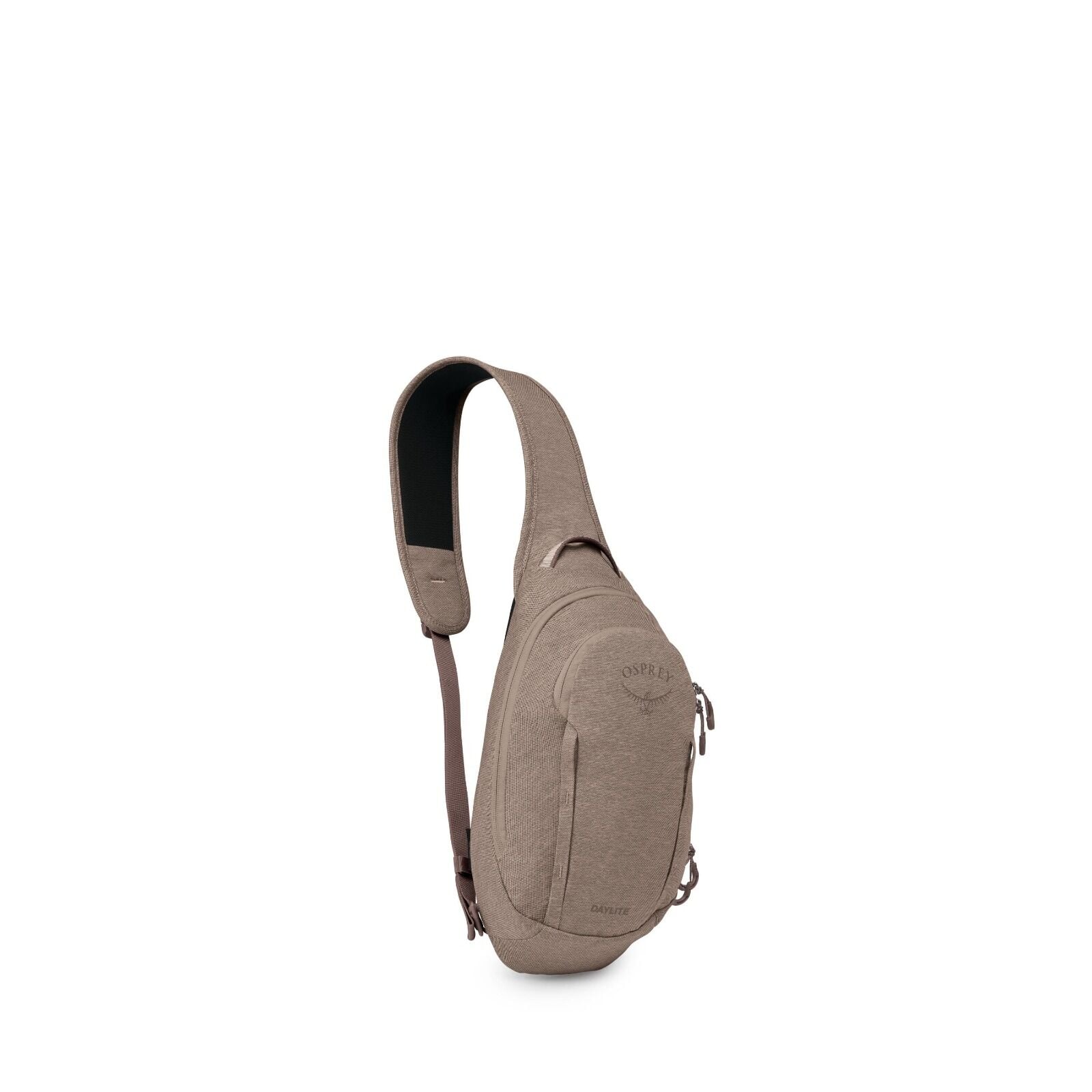 The image shows a compact, tan-colored sling bag with a single padded shoulder strap. Its teardrop-shaped body has multiple zippered compartments and subtle seam detailing. The front features an Osprey logo patch and the word "Daylite" near the bottom. Th