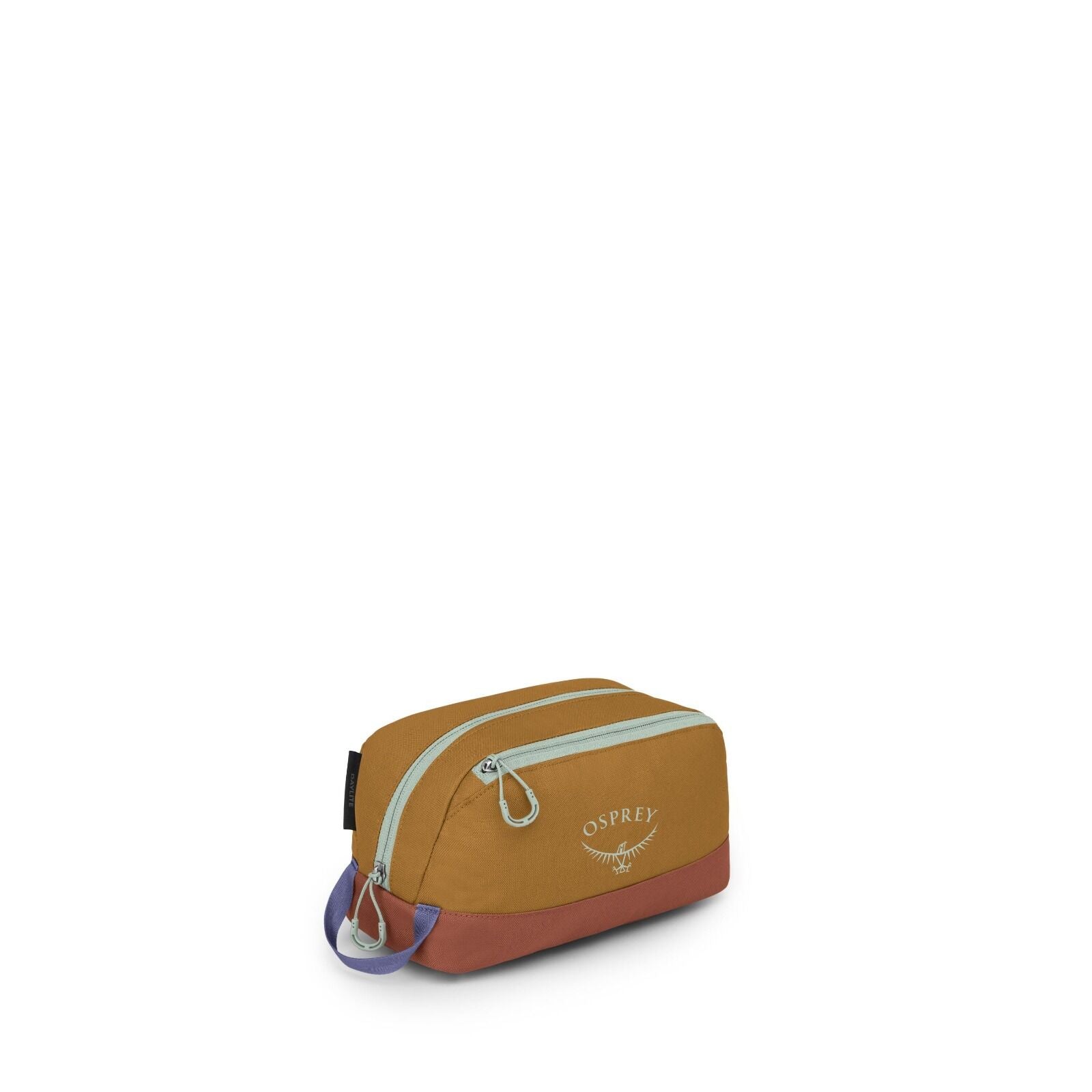 The images show a small Osprey zippered pouch or dopp kit with a rectangular, softly rounded shape. It features a mustard-yellow body, a maroon base, and mint-green zippers with large pull loops; there's also a purple loop handle at one end. The Osprey lo