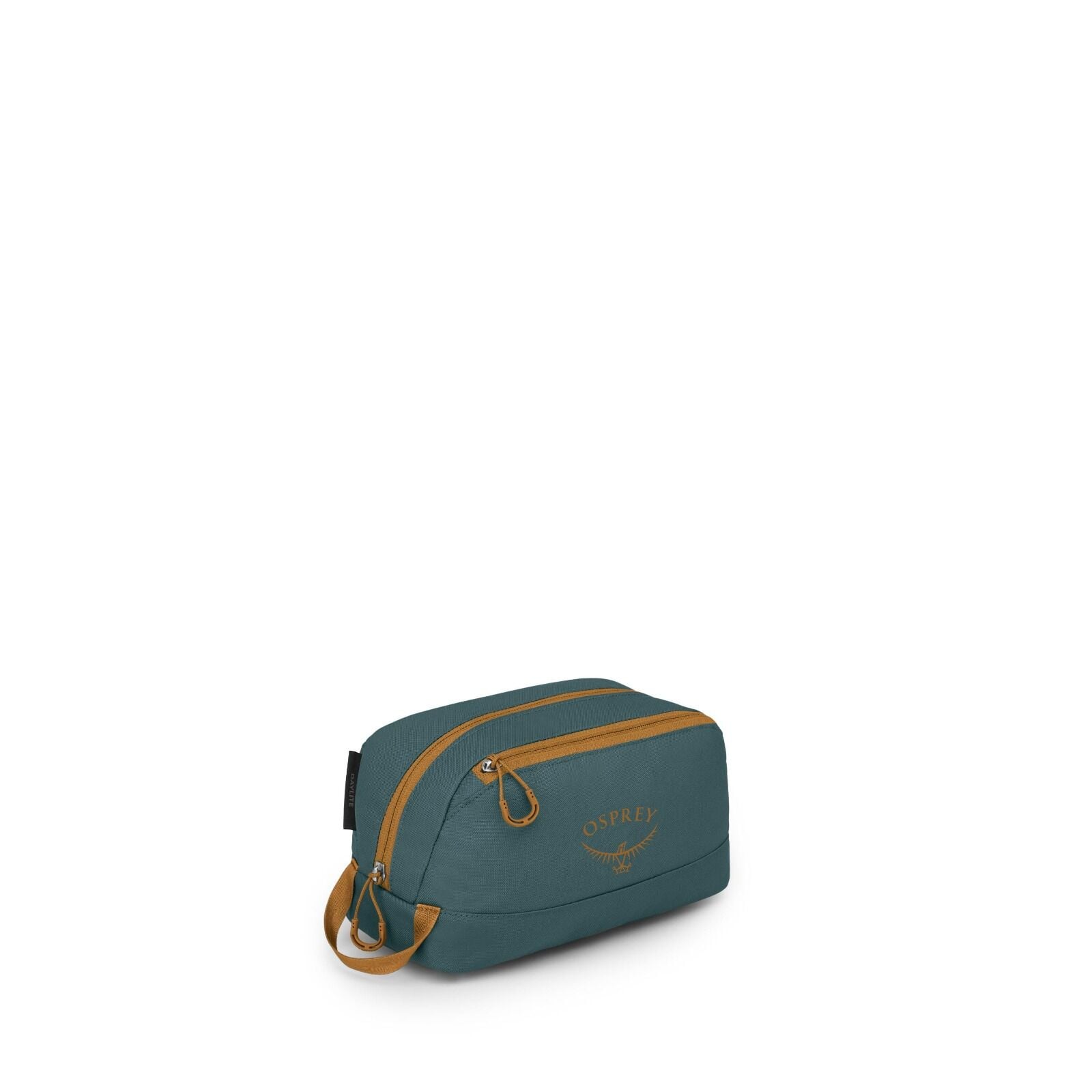 The image shows a small toiletry or accessory bag in teal with mustard-yellow zippers and accents. It has a compact, rectangular shape with rounded edges, a top carry loop, and two zipper pulls. The front features the Osprey logo in matching mustard color