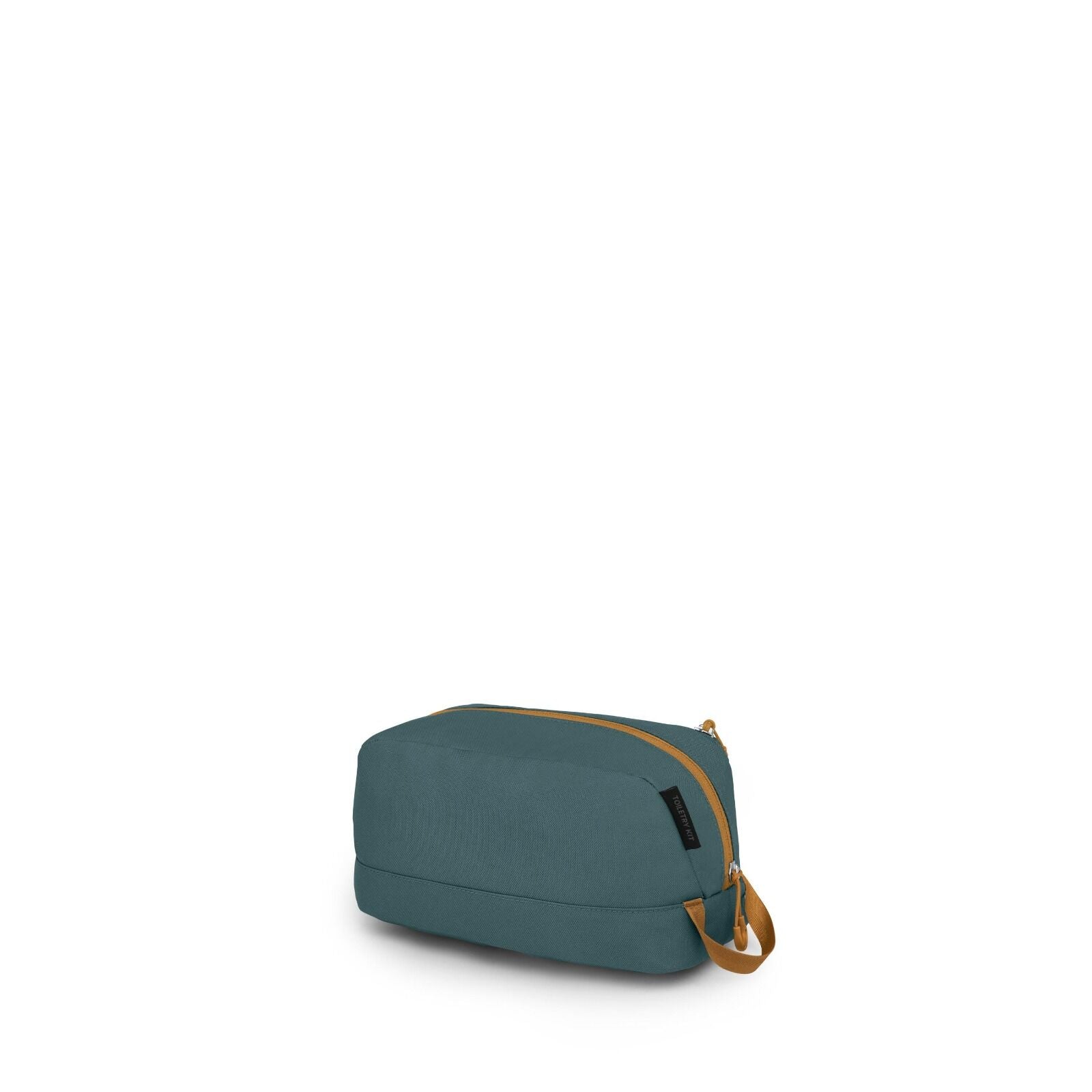 A compact teal toiletry or accessory bag sits against a white background. It has a rounded rectangular shape with a gold-brown zipper running along the top and a matching side carry loop. A small black fabric tag is attached near the zipper seam. The bag