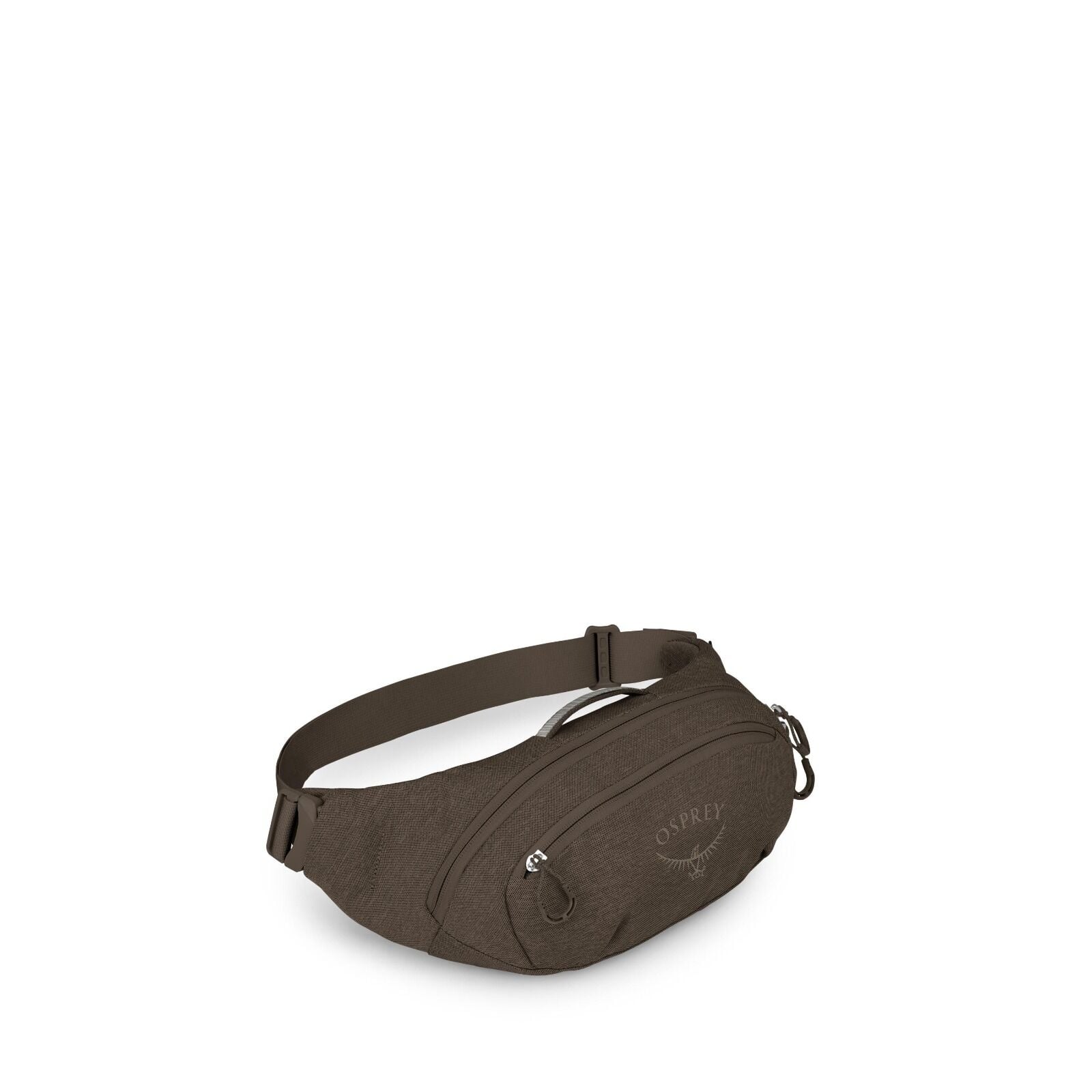 The images show a compact waist pack, often called a fanny pack, in a dark olive-brown color. It has an adjustable webbing belt with a side-release buckle and several zippered compartments, including a front pocket with the Osprey logo. Close-up angles hi