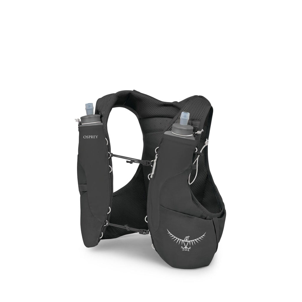 The image showcases a black Osprey hydration vest, designed for outdoor activities like running or hiking. It features two front pockets, each containing a soft, collapsible water bottle with a blue spout for easy drinking on the go. The vest has a lightw