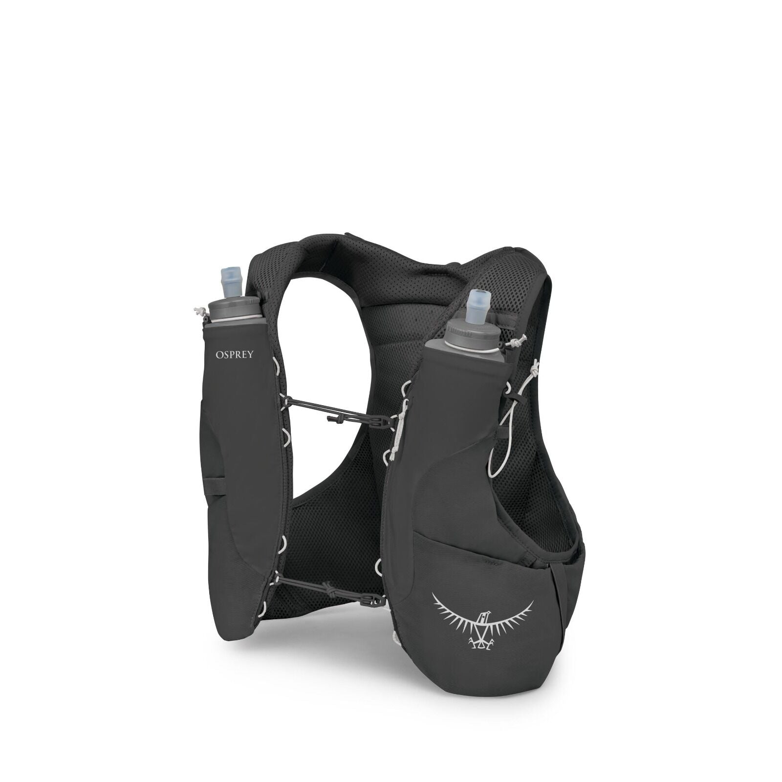The image showcases a black Osprey hydration vest, designed for outdoor activities like running or hiking. It features two front pockets, each containing a soft, collapsible water bottle with a blue spout for easy drinking on the go. The vest has a lightw