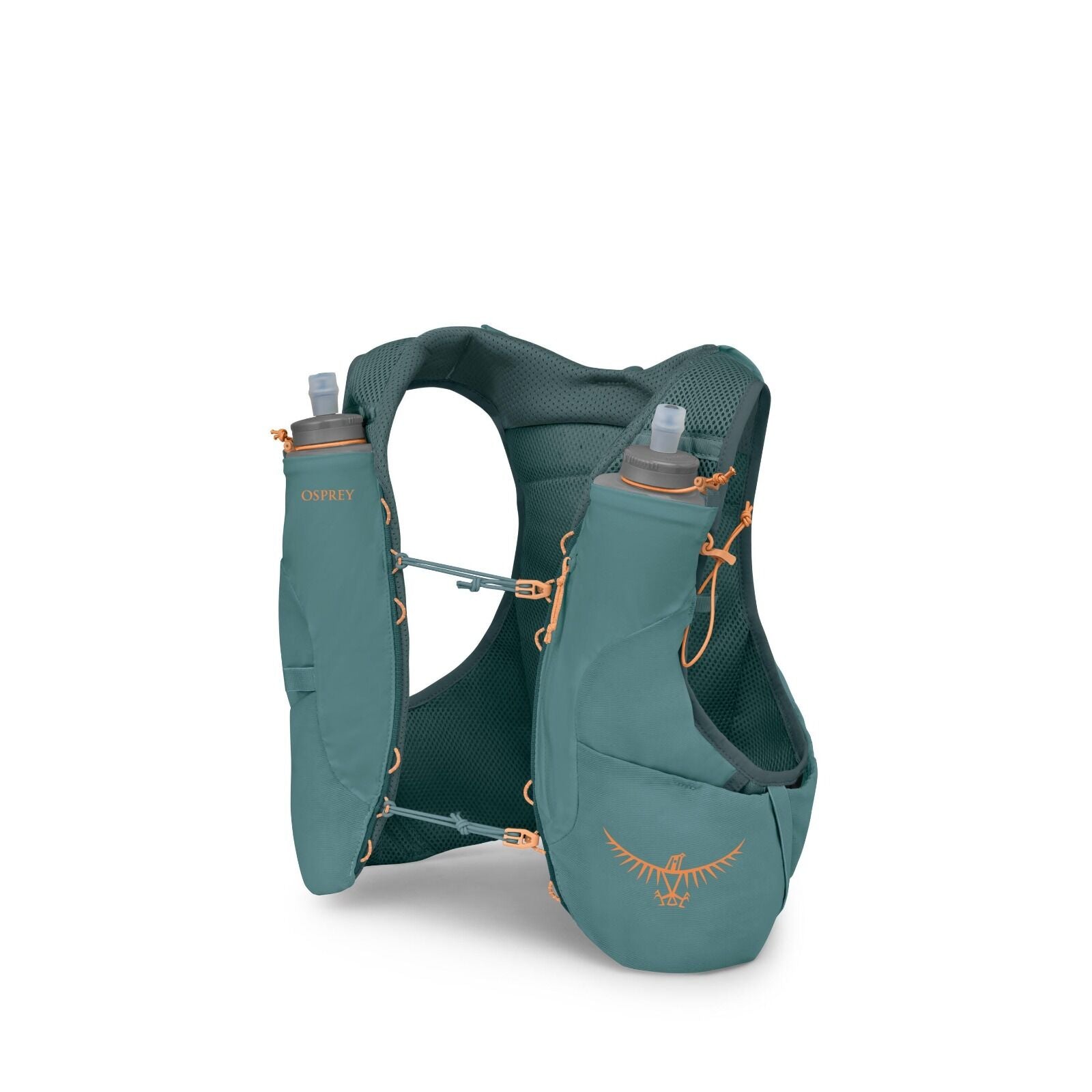 The image shows an Osprey running vest designed for carrying hydration supplies and small gear. It is primarily teal in color with orange accents, including the logo and some straps. The vest has two front pockets, each containing a bottle with a drinking