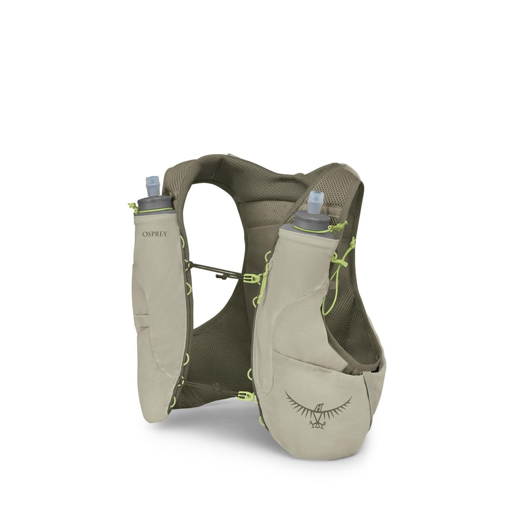The image features an Osprey running vest designed for hydration and storage during physical activities. It is beige with green accents and includes two front pockets holding soft flasks with blue nozzles. The vest is breathable with mesh fabric on the ba