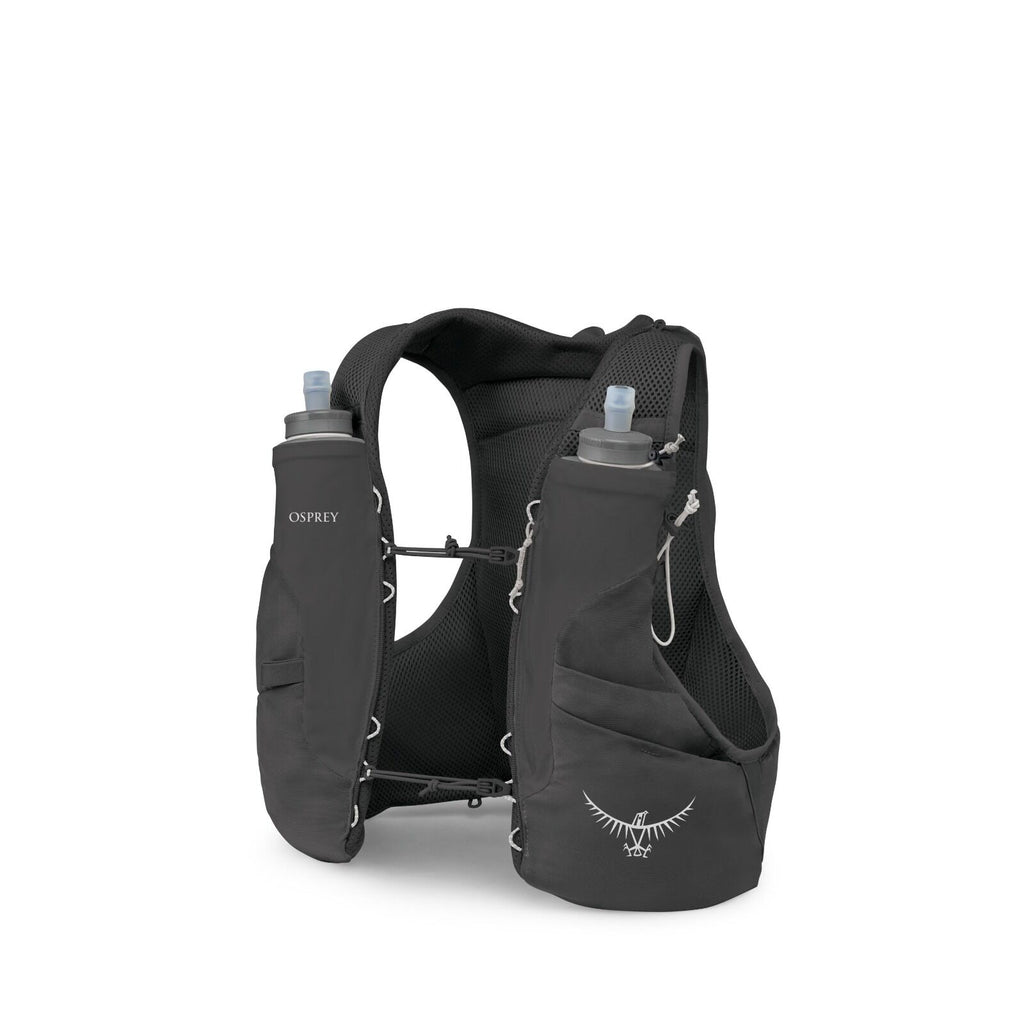The image displays an Osprey hydration vest designed for outdoor activities like running and hiking. The vest is primarily black and features two front pockets, each holding a soft flask with a nozzle for drinking. The design includes a mesh back for brea