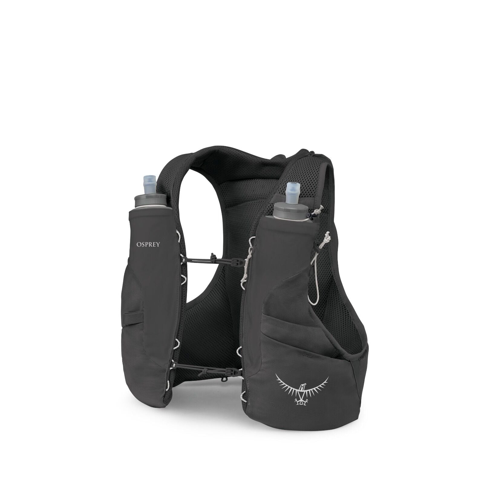 The image displays an Osprey hydration vest designed for outdoor activities like running and hiking. The vest is primarily black and features two front pockets, each holding a soft flask with a nozzle for drinking. The design includes a mesh back for brea