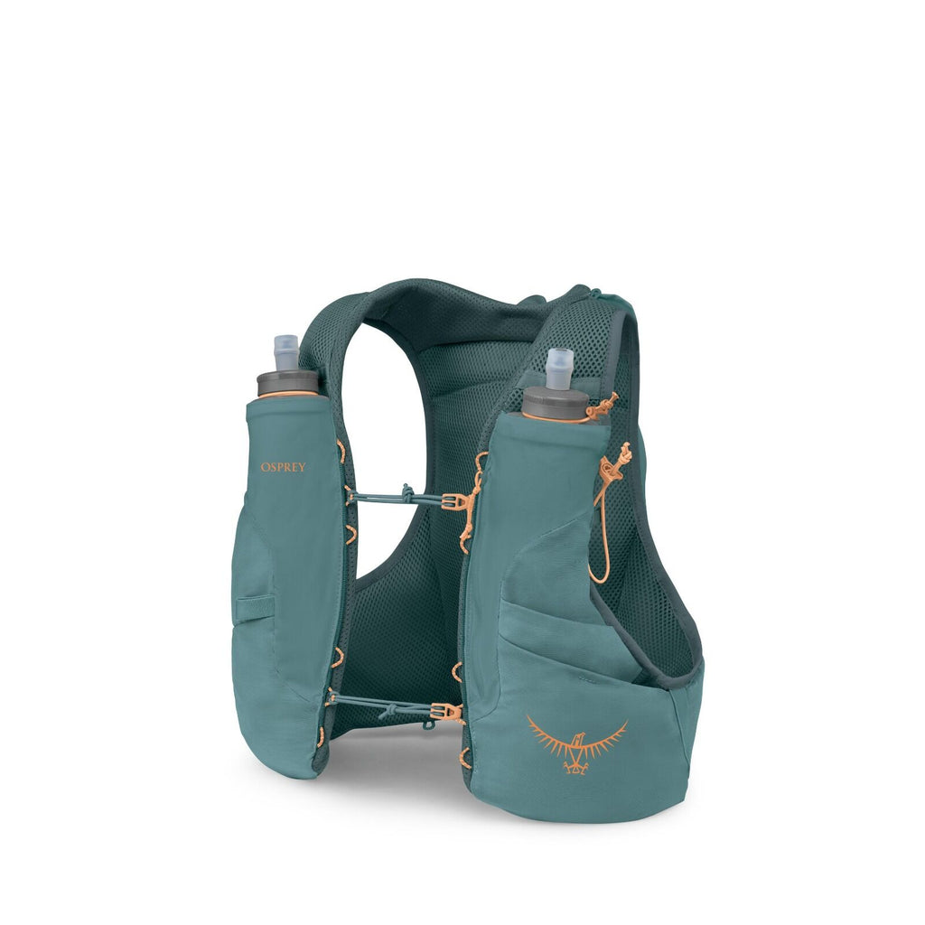 The image depicts an Osprey hydration vest in a teal color. This lightweight vest features two front pockets designed to hold water bottles, with one bottle visible in each pocket, topped with sip caps for easy access during activities. The vest also incl