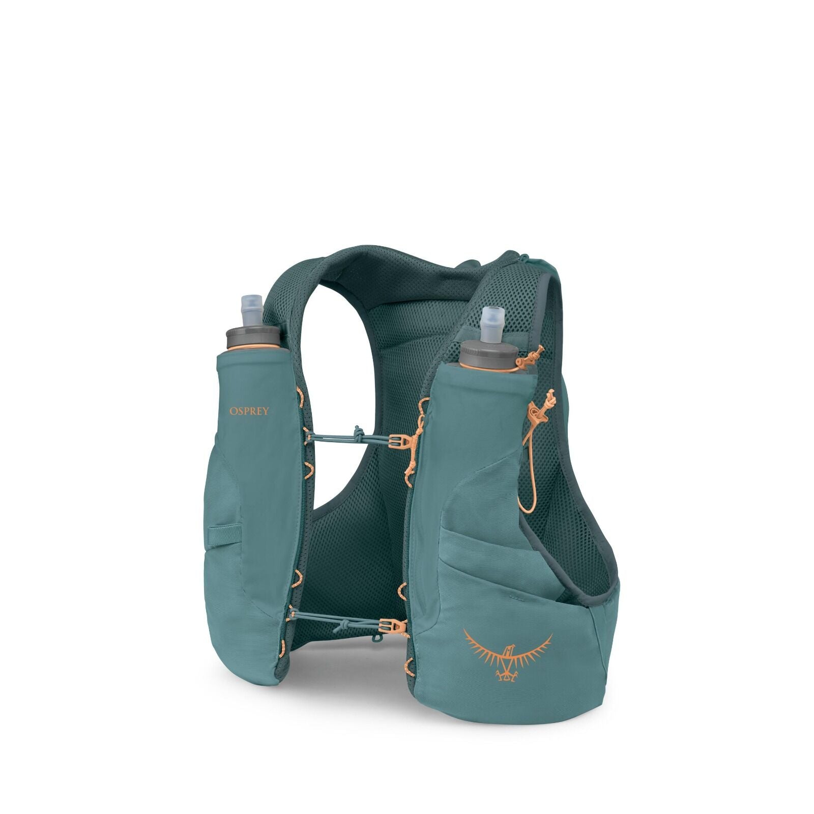 The image depicts an Osprey hydration vest in a teal color. This lightweight vest features two front pockets designed to hold water bottles, with one bottle visible in each pocket, topped with sip caps for easy access during activities. The vest also incl