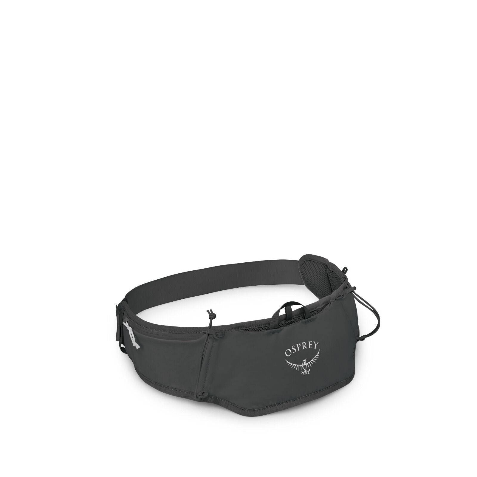 The image features a dark-colored Osprey running belt designed for active use, likely for activities like jogging or hiking. The belt has a sleek, streamlined design with a central pocket featuring the Osprey logo, which includes the image of a bird. The
