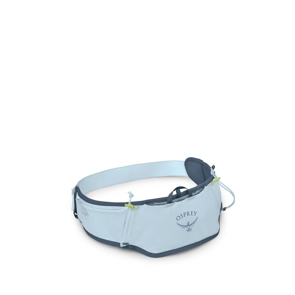 The image showcases a light blue waist pack with the logo "Osprey" prominently displayed in the center, accompanied by an illustrated osprey bird. This pack is designed with functionality in mind, featuring two zippered pockets for storage, one on each si