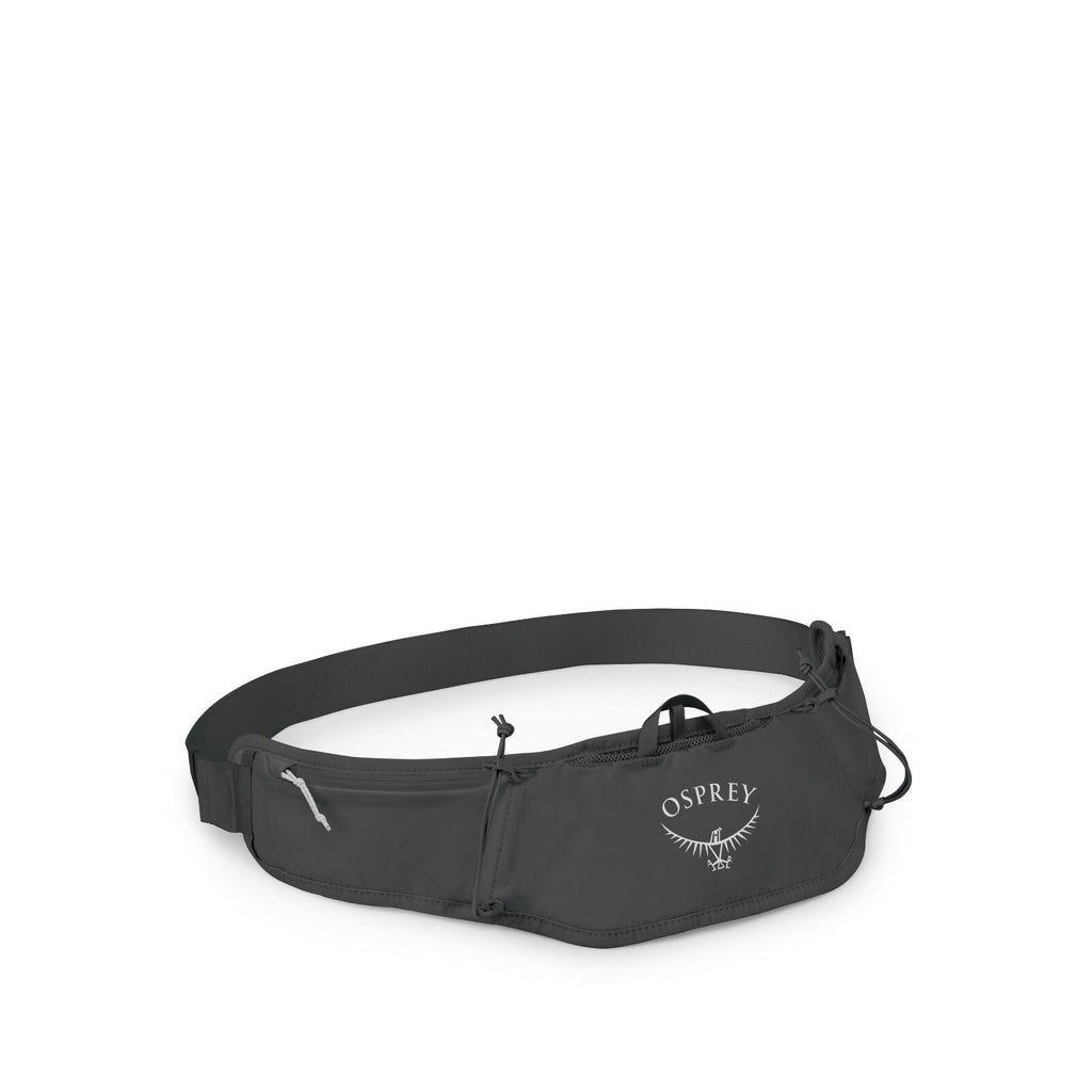 The image displays an Osprey branded waist pack, commonly referred to as a hip or fanny pack. The waist pack is dark in color, featuring the Osprey logo prominently in white, which includes an illustration of a bird with outstretched wings. The design inc