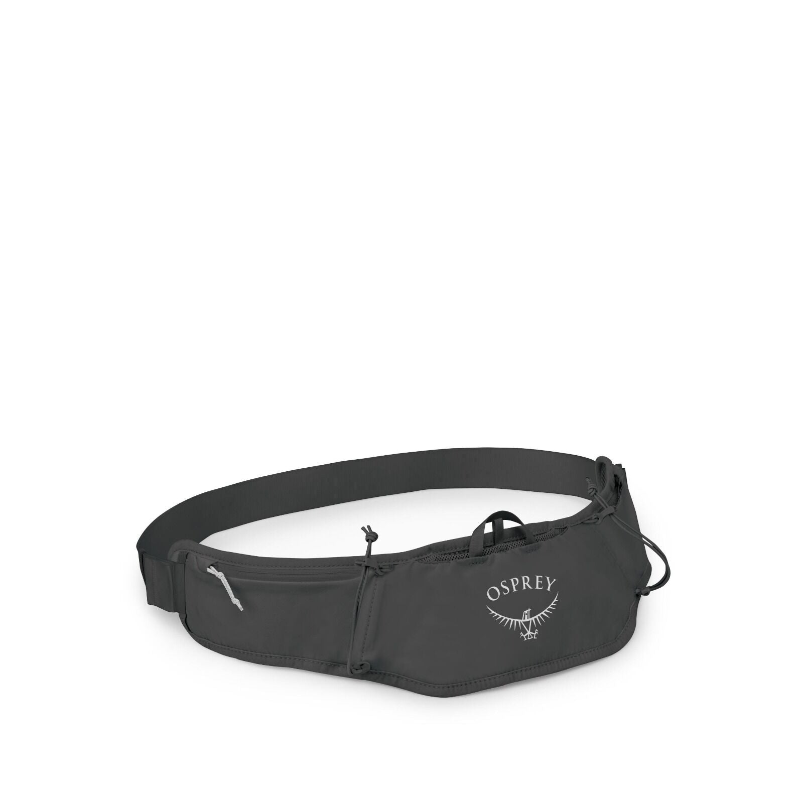 The image displays an Osprey branded waist pack, commonly referred to as a hip or fanny pack. The waist pack is dark in color, featuring the Osprey logo prominently in white, which includes an illustration of a bird with outstretched wings. The design inc